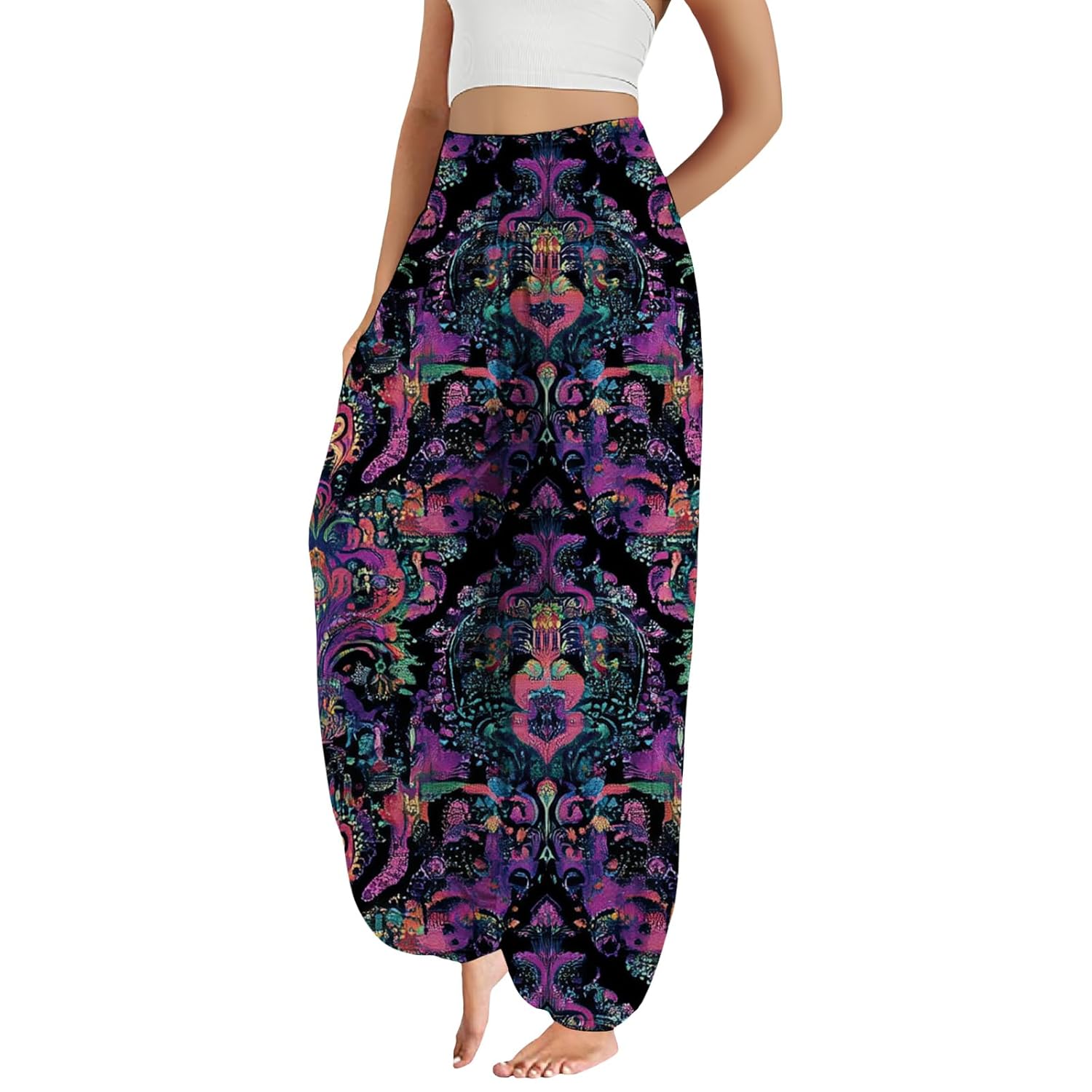Boho Harem Pants Women Ethnicity Printed Wide Leg Trousers Hippie High Waist Plus Size Pant Flowy Baggy Yoga
