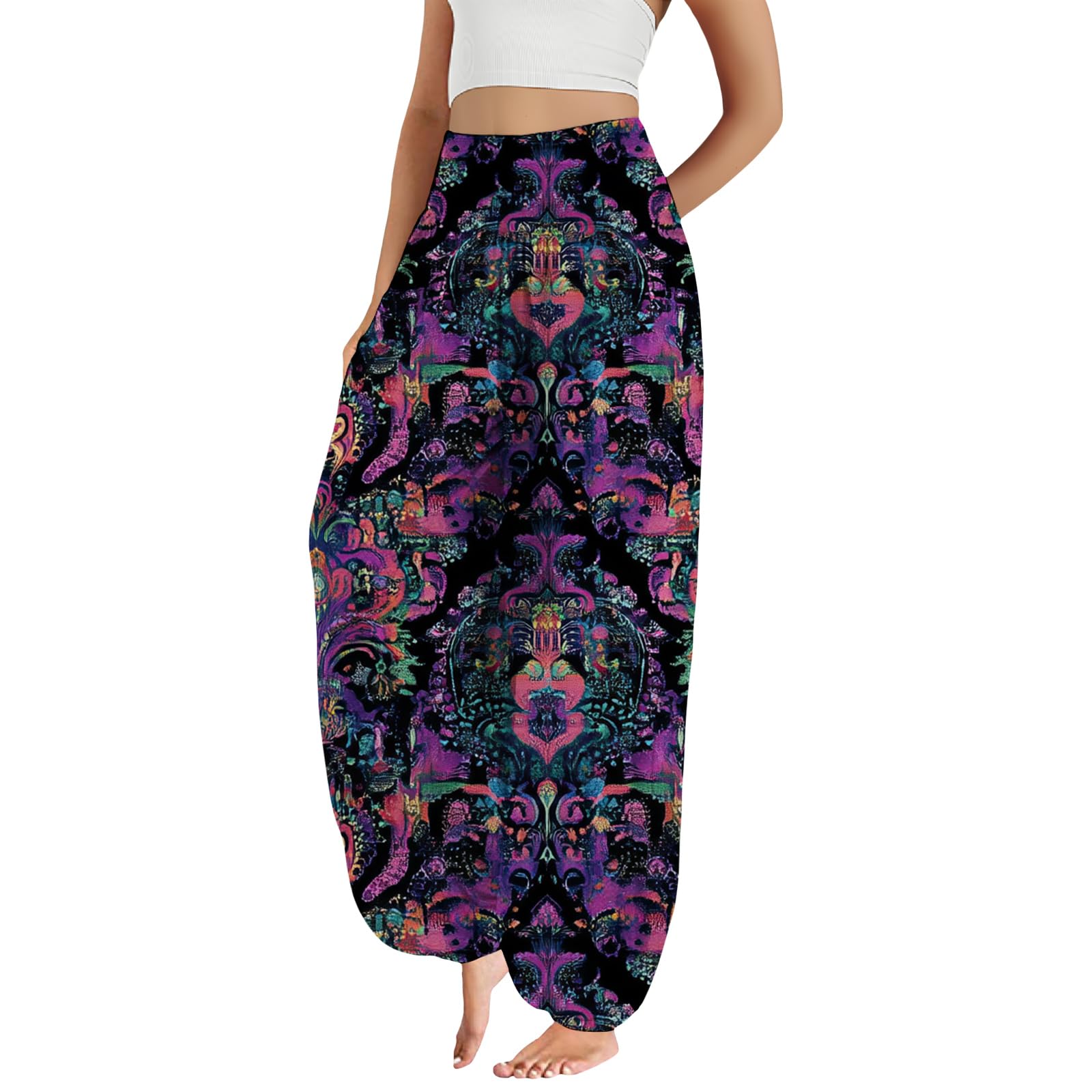 Boho Harem Pants Women Ethnicity Printed Wide Leg Trousers Hippie High Waist Plus Size Pant Flowy Baggy Yoga