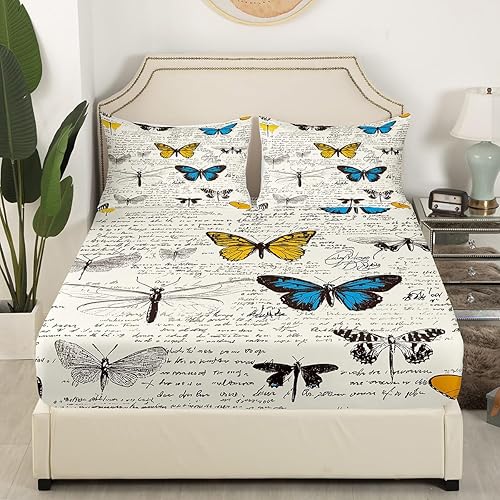 Miniatura 3 de Erosebridal Juego de sábanas bajeras con temática de animales botánicos de libélula, tamaño Queen, con texto retro para niños, sábana superior de