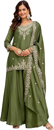 TRENDMALLS Women's Art Silk Embroidery Sequence Work Kurta Palazzo Set with Dupatta Salwar Suit Set For Women