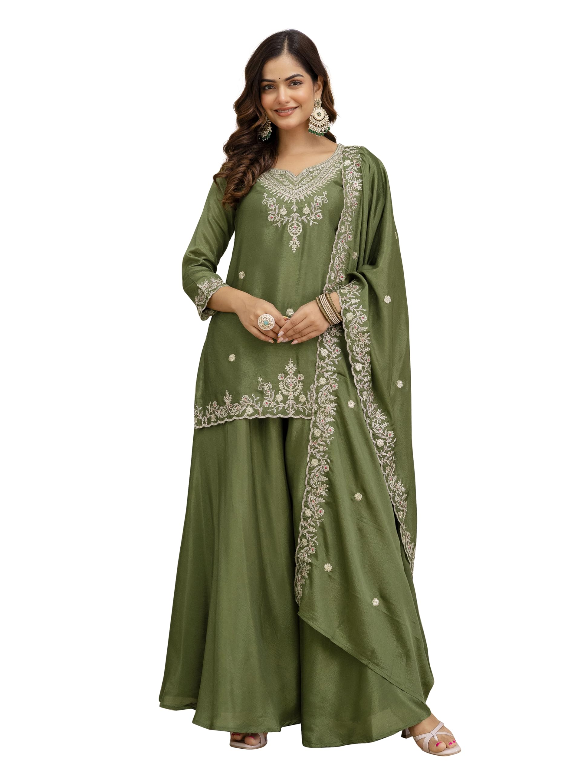 trendmalls Women's Art Silk Embroidery Sequence Work Kurta Palazzo Set with Dupatta Salwar Suit Set For Women-picture-30