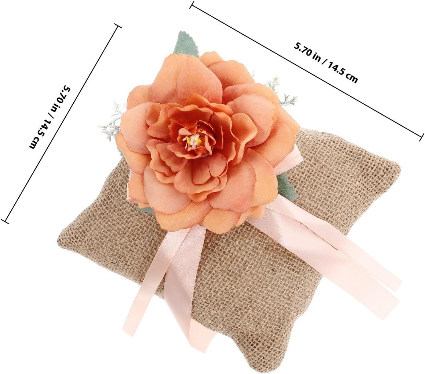 COLLBATH Rustic Linen Decorative Ring Pillow Set, Square Ring Bearer Cushion with Floral Design, Orange Wedding Party Ornament for Ceremony and Engagement