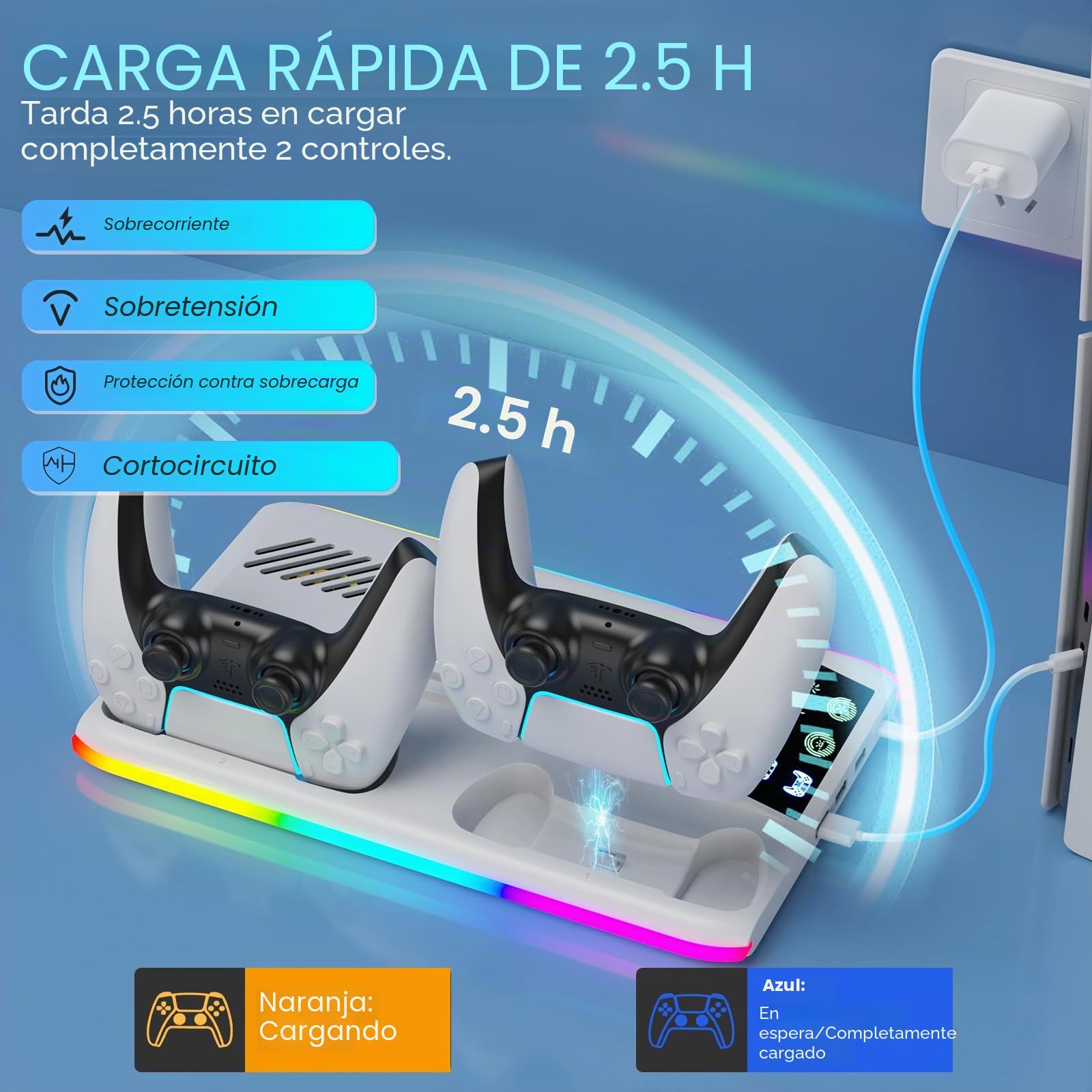 Soporte para PS5/Slim/Pro con Cargador Mando, Ventilador PS5 de 3 Velocidades, Luz LED RGB, Soporte PlayStation 5 Vertical con 3 Puertos USB, Soportes Compatible con Consola PlayStation 5