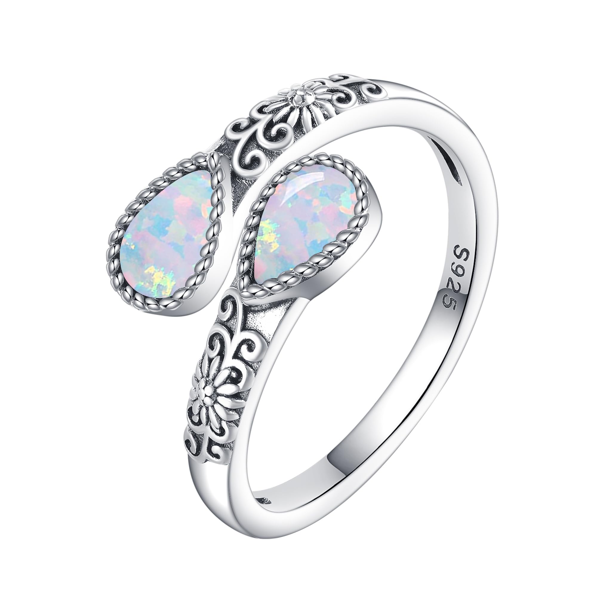 URONE 925er Sterlingsilber-Ringe mit weißem Opal für Damen Verstellbarer Sonnenblumen-Daumenring Vintage-Schmuck im Antiken Löffeldesign Geschenkidee