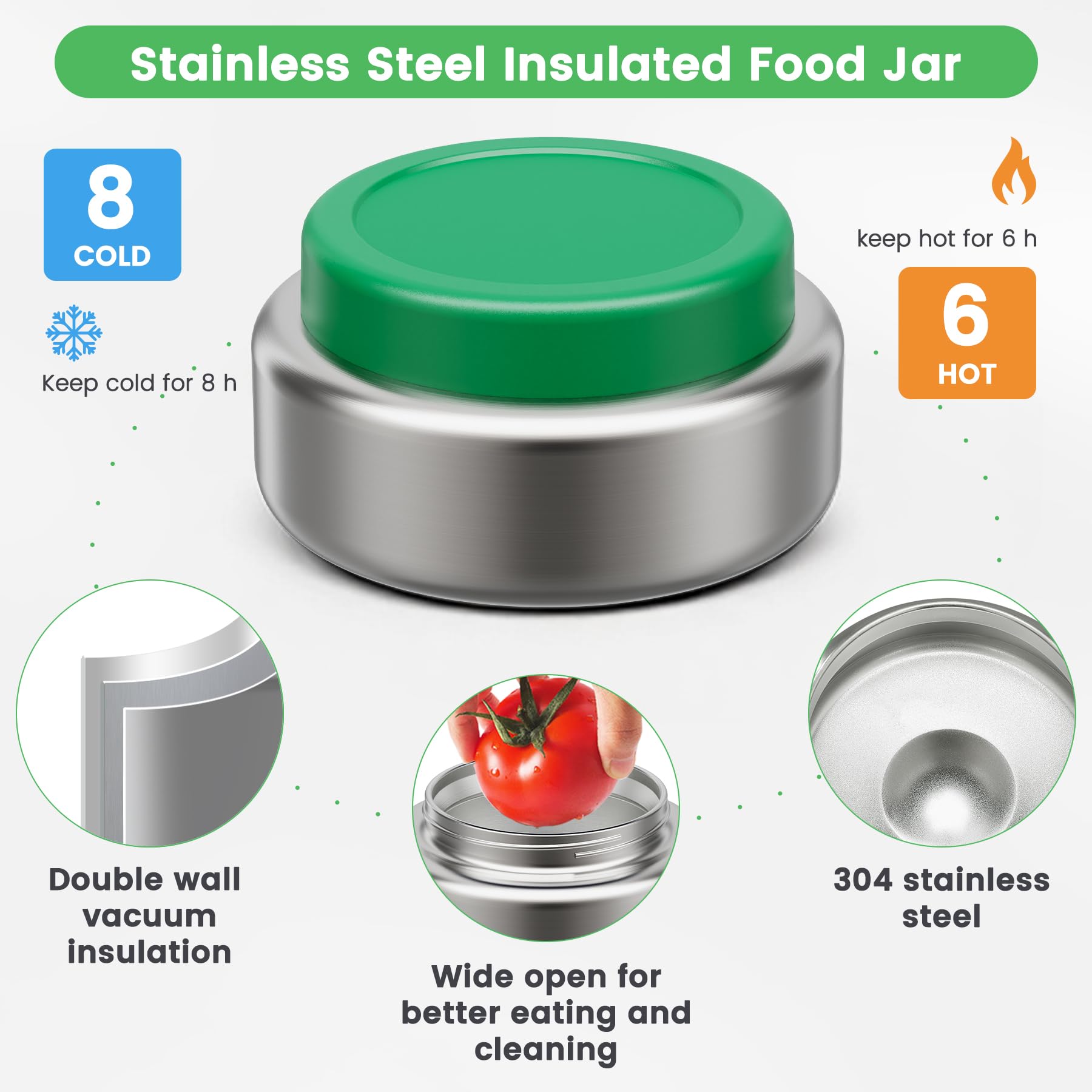 Itslife Bento Lunch Box Adulti Bambini in Acciaio Inox con 200ml Contenitore Termico per Alimenti, Porta Pranzo 3 Scomparti con Contenitore per Salse, per Lavoro Picnic Ufficio, senza BPA, Verde