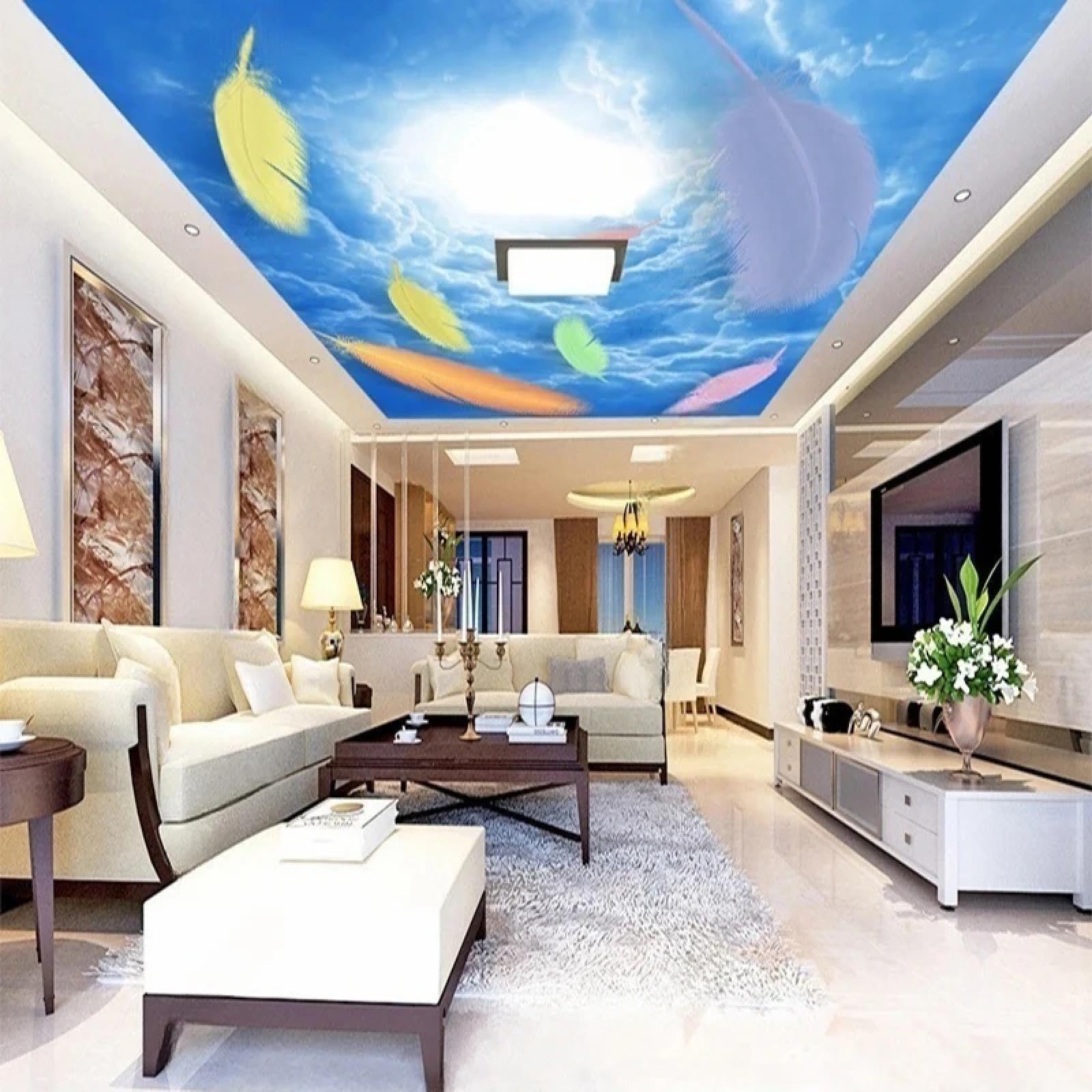 Papier peint mural 3D plafond anti-imperfections pour un salon lumineux
