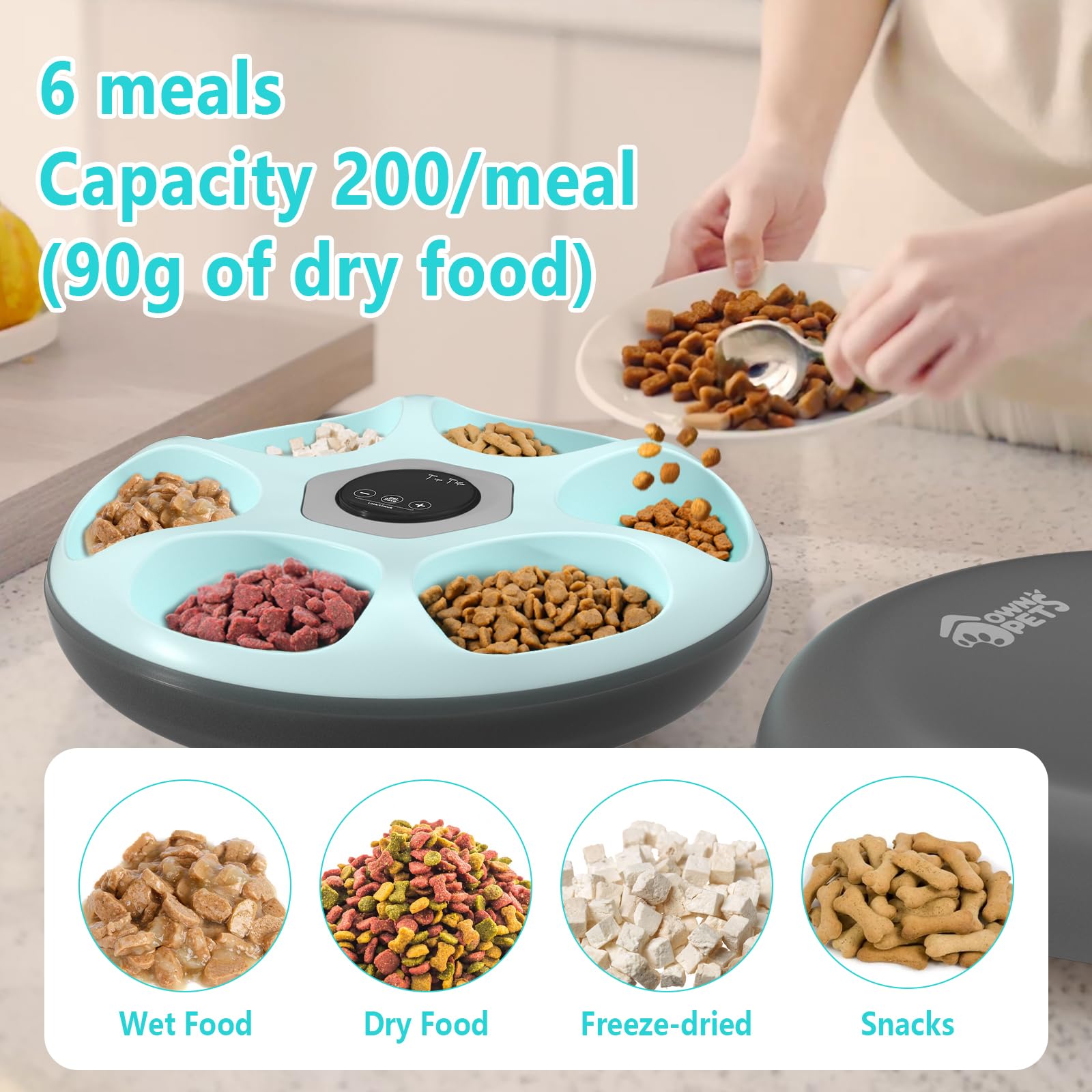Ownpets Distributeur automatique de nourriture pour chat - 6 repas - Avec 2 blocs réfrigérants - Minuterie programmable - Alimentation automatique pour chats et chiens de petite taille