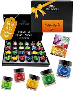 Hallingers Genuss Manufaktur Tee Geschenkset Entschuldigung - 24 Sorten Premium loser Tee im Glas in edler Geschenkbox, vegan & glutenfrei, Tee Set "Entschuldigung" Probierset, Geschenkidee für Frauen