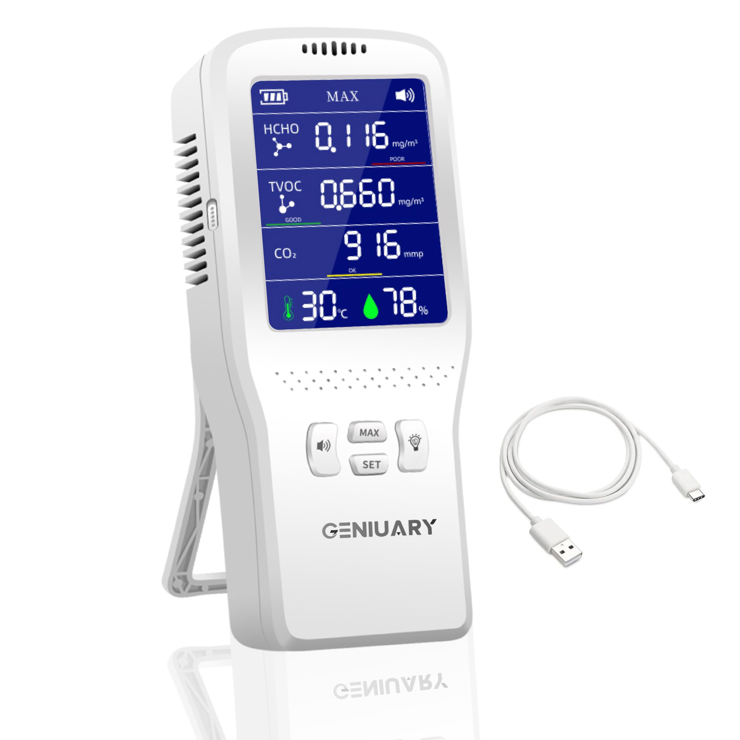 GENIUARY Air Quality Monitor – Portable Indoor Formaldehyde Detector for 10+ Harmful Gases (Formaldehyde, Benzene, TVOC) | Temperature & Humidity Display | Professional Pollution Meter