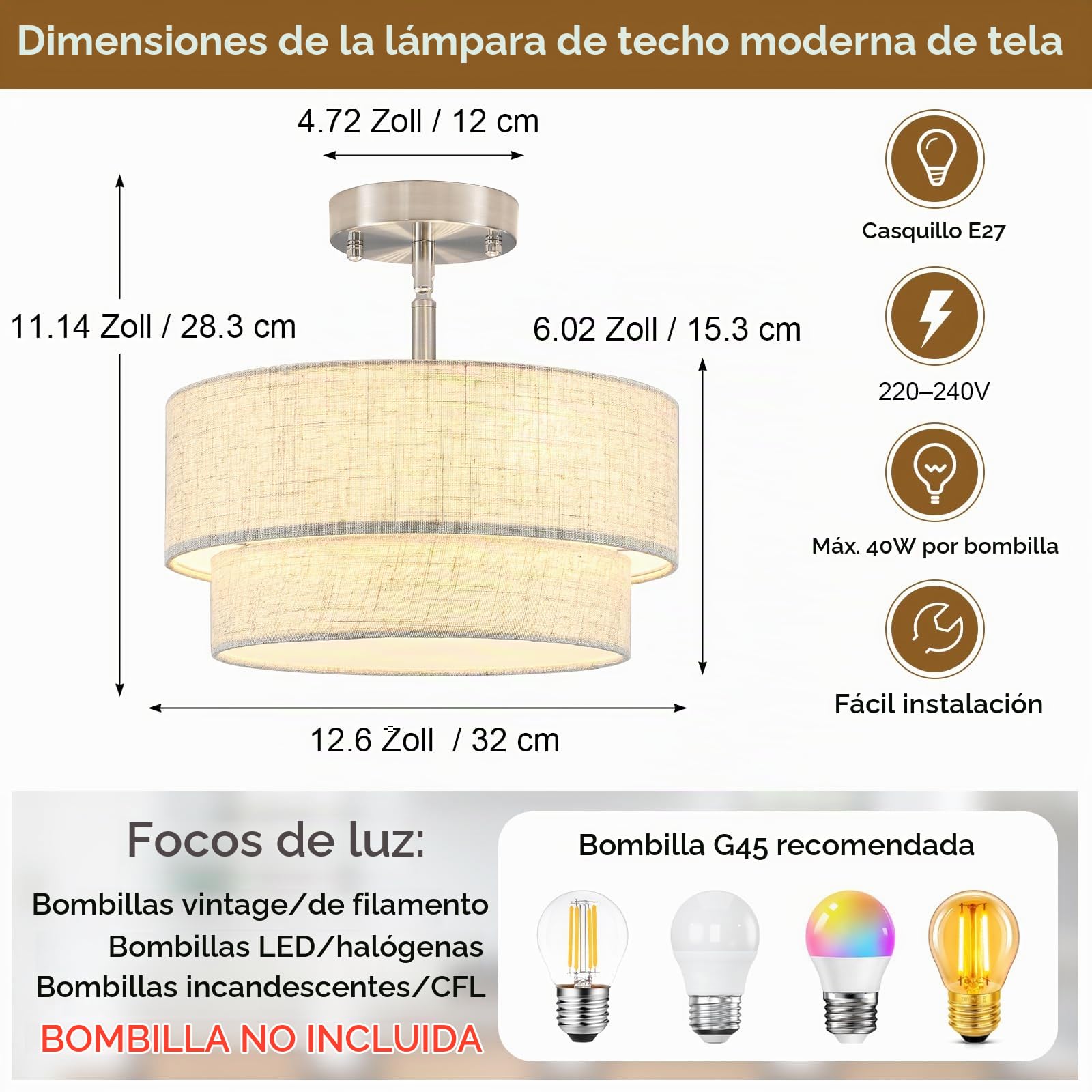 Lámparas de techo cromadas para sala de estar, lámpara de araña moderna de 3 luces con pantalla de tambor de tela beige doble, lámpara de techo semiempotrada para dormitorio, pasillo, comedor