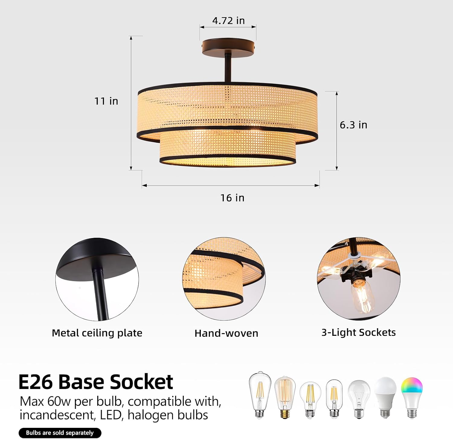 Rattan Ceiling Light, 16-inch Bohemian Woven Fixture, Semi-Recessed Installation Ideal for Dining Rooms, Bedrooms, Living Rooms, Kitchen Countertops, and Cafés (Square Hole)
