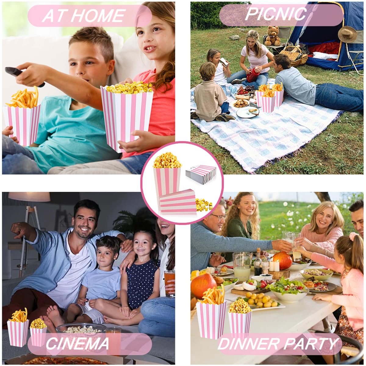 40 Pcs Paper Pink Popcorn Boxes, Pink Popcorn Bags with White Striped, Popcorn Boxes for Party, Popcorn Holders for Party Birthday Favor Supplies.(40 boxes small)