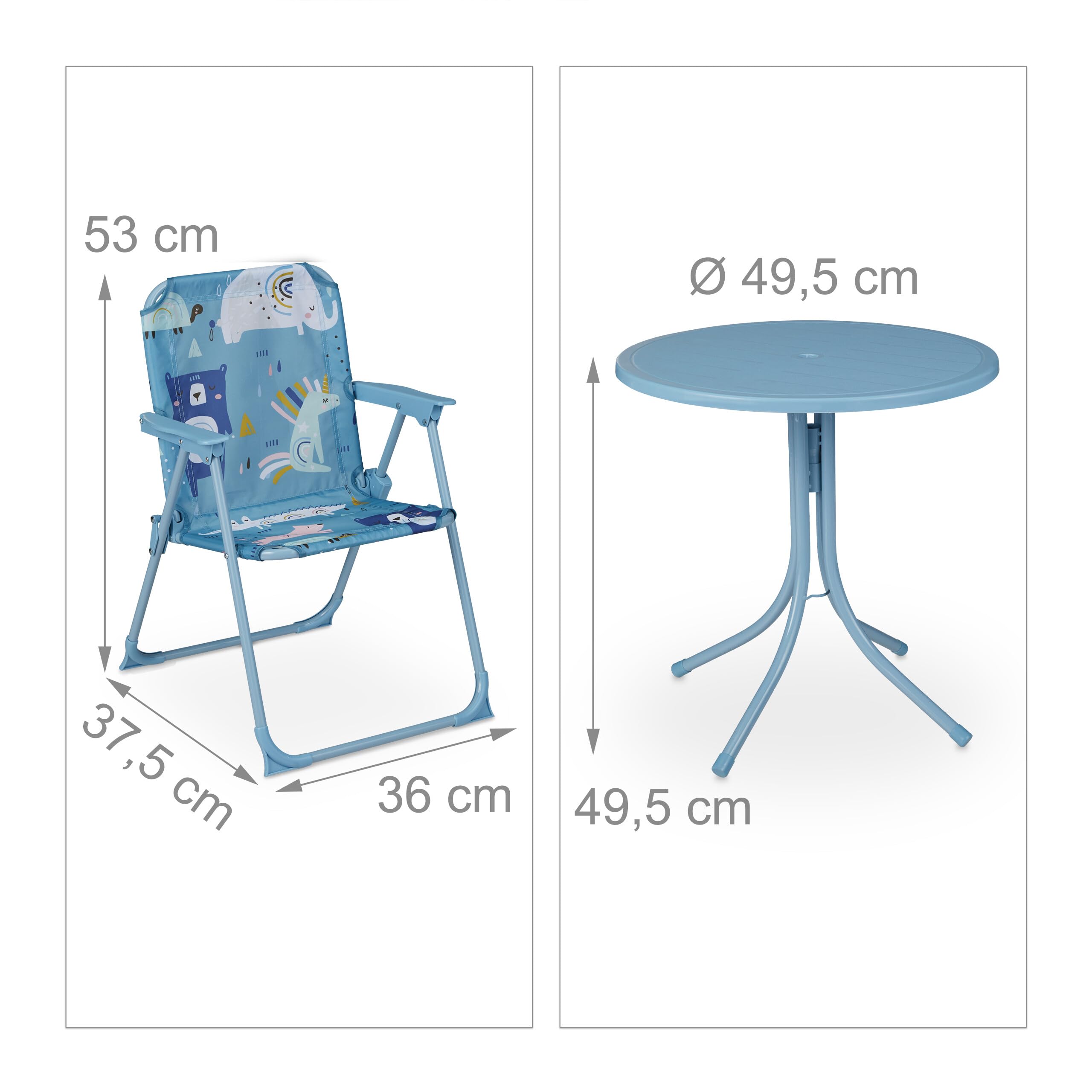 Relaxdays Tavolo Bambini con Ombrellone, Set con 2 Sedie, da Campeggio e Giardino, Tavolino Picnic, con Animali