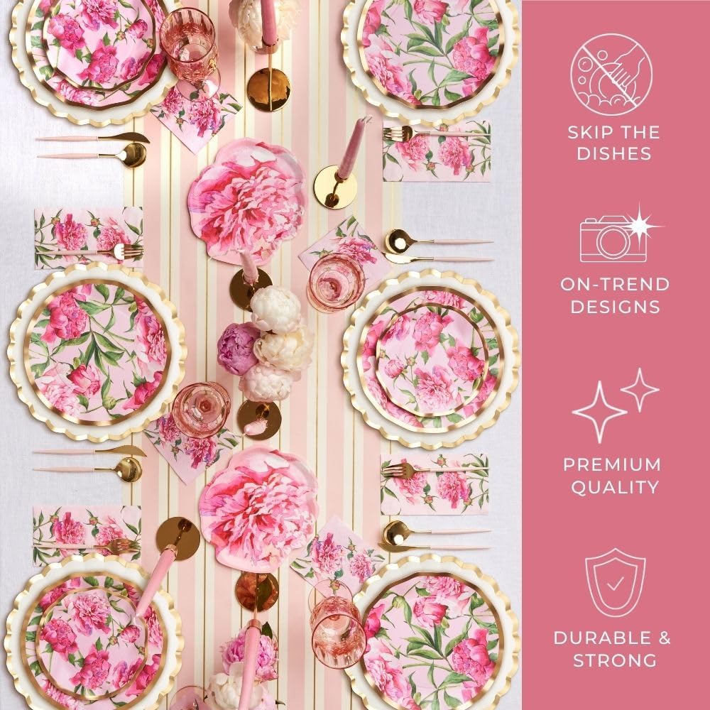 Sophistiplate 64Pcs Tableware Set. Decorative Paper Plates. Premium, Heavyweight Plates for Party Decorations. Party Supplies Set Includes Dinner, Salad, Plates & Napkins - Pink Peonies