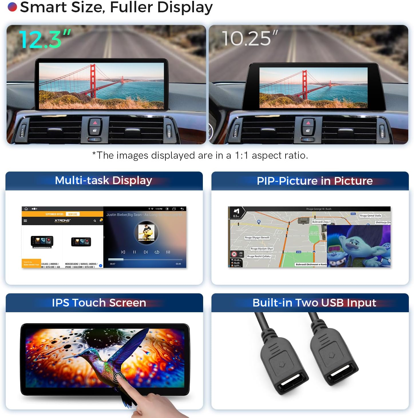 Comparison of 12.3-inch and 10.25-inch screen sizes, demonstrations of multi-task display and Picture-in-Picture (PIP) functionality, and close-ups of the IPS touch screen and dual USB inputs.