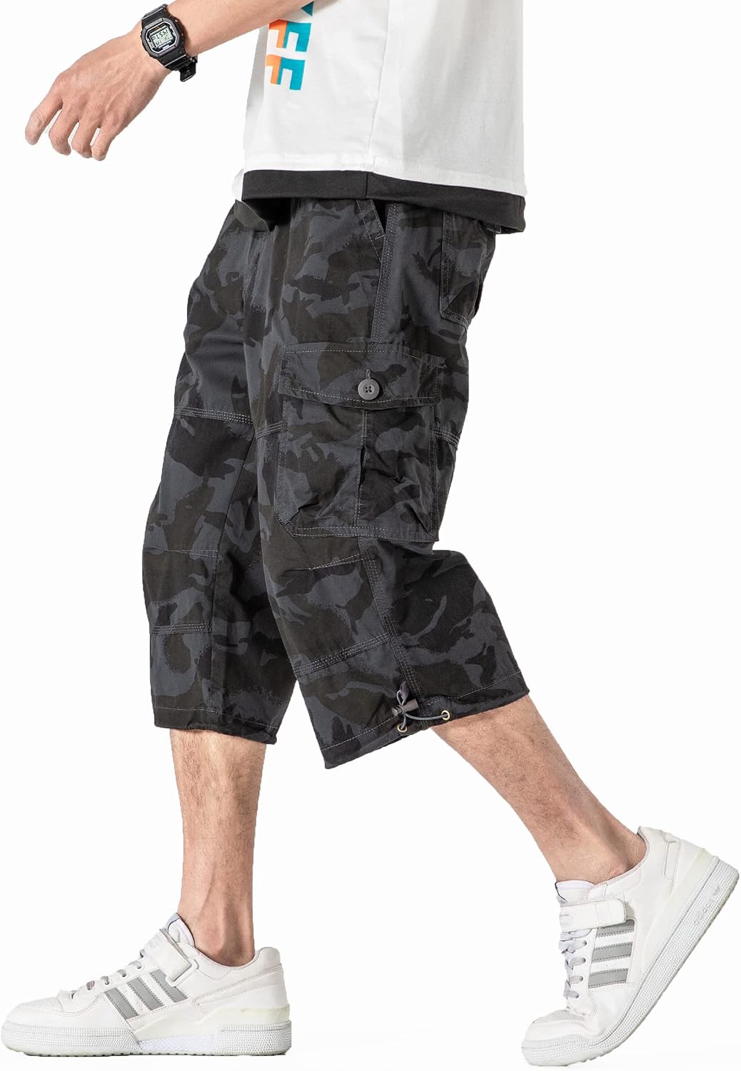 Mens 3/4 Long Cargo Shorts Loose Fit Elastic Work Capri Shorts Below Knee Casual with 7 Pockets Camo Black 38