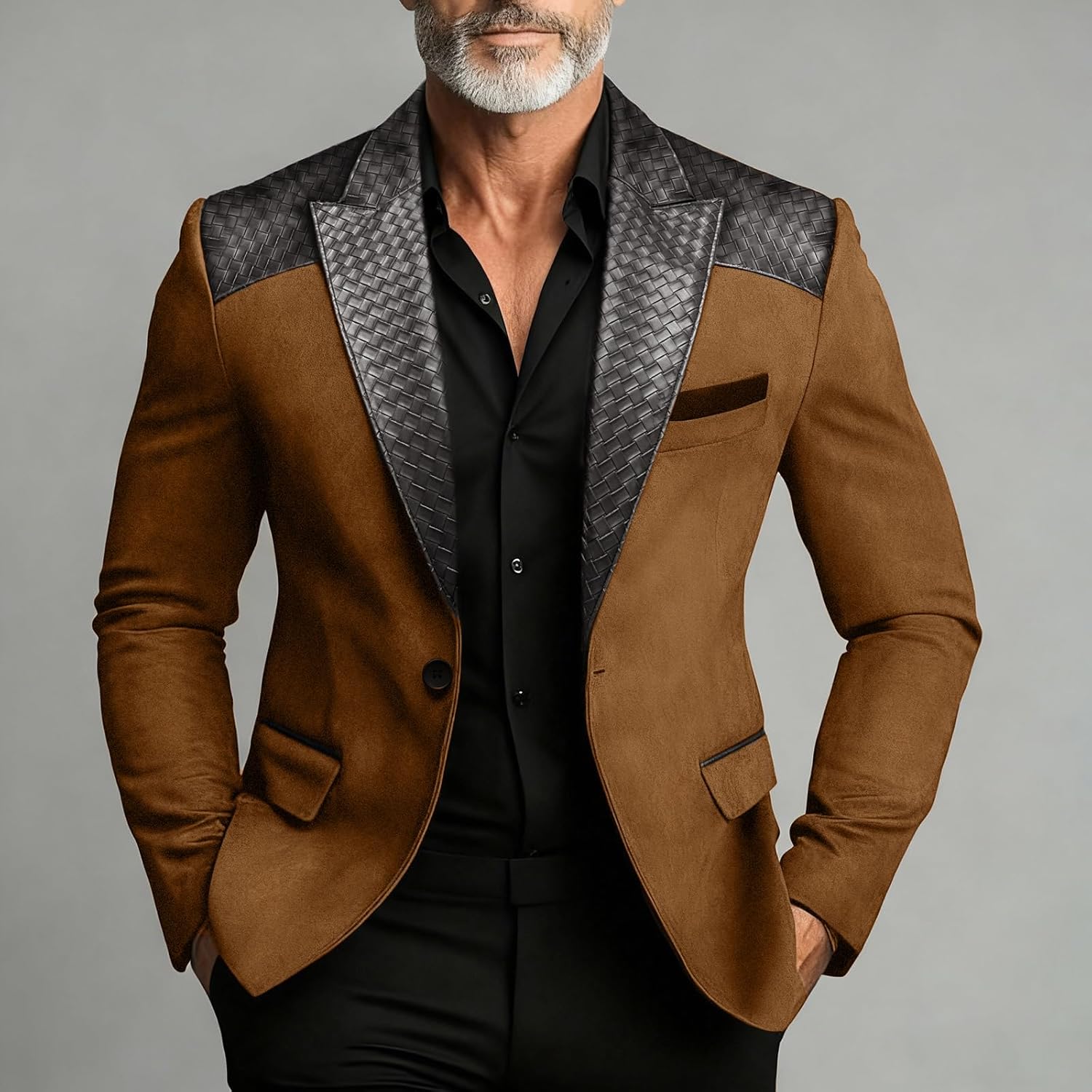 Men's Vintage Brown Suede Blazer with Leather Trim | Classic Fit Business Casual Sport Coat - Image 2