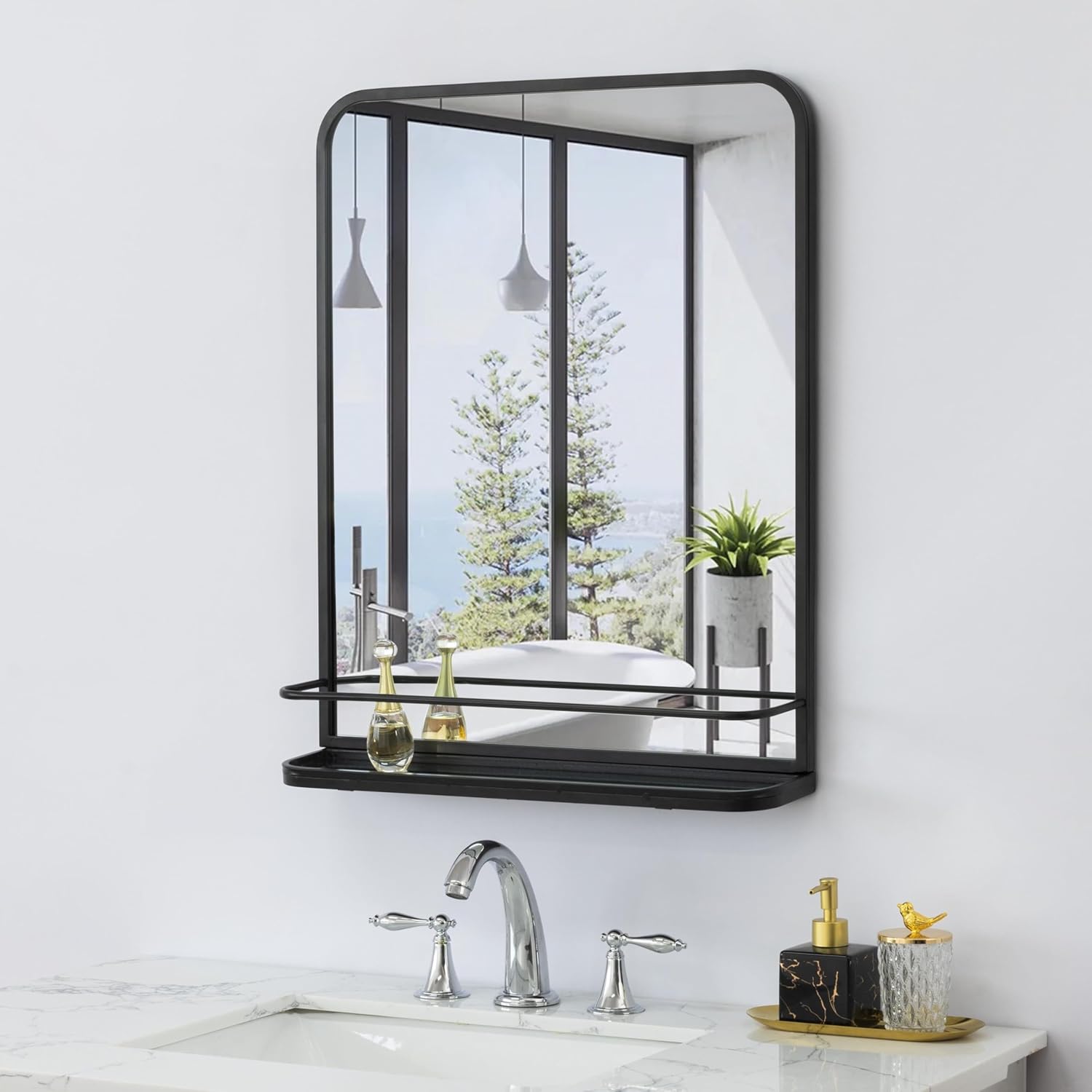 Matte Black Farmhouse Bathroom Mirror with Shelf Modern Vanity Mirror for Wall, Rectangle Metal Framed Rounded Corner Wall Mirror for Bathroom Living Room,Entryway,21×26.7 Inch Black 21"L x 26.7"W