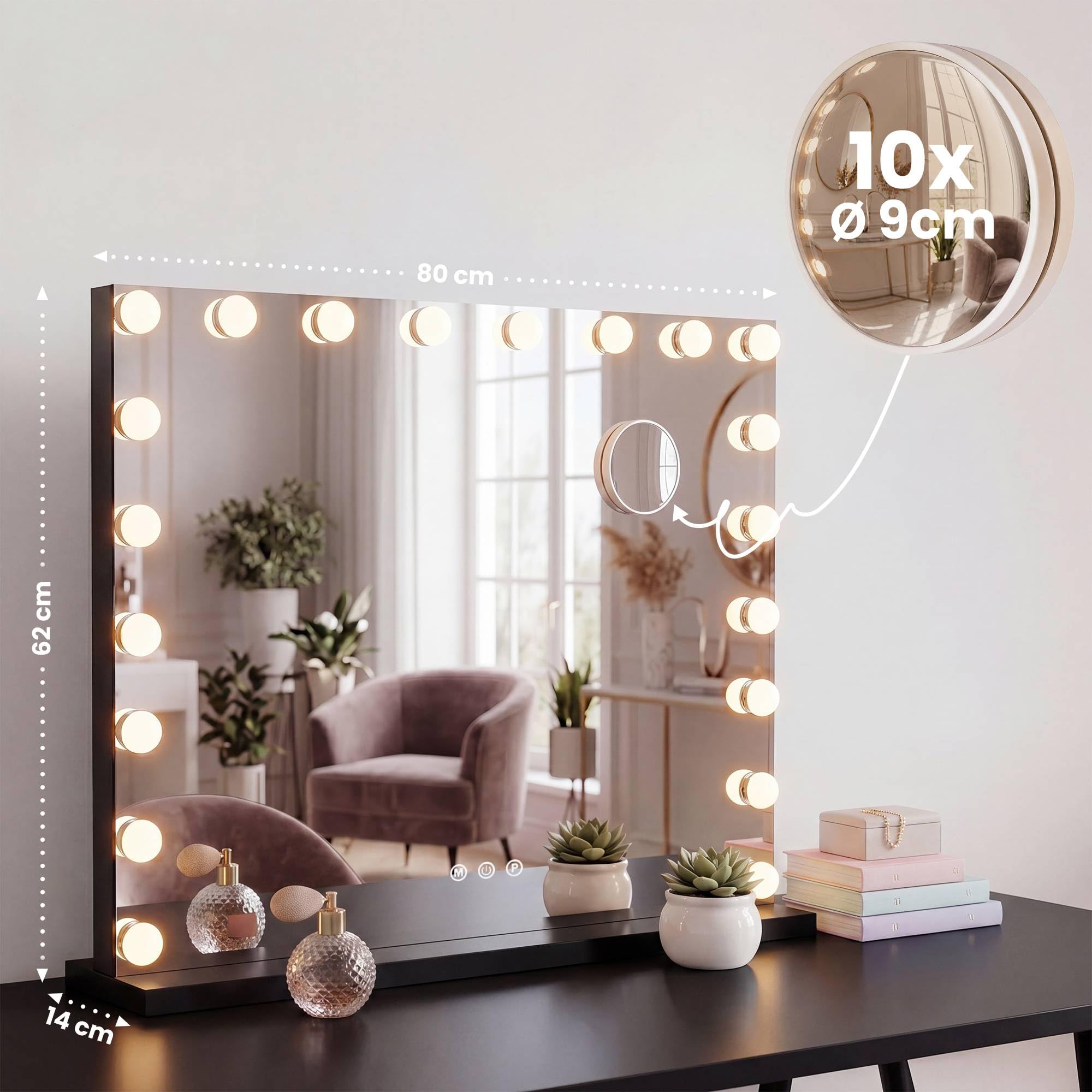 CLP Specchio Trucco Norlina 80x60 cm con Luci LED Dimmerabili, 3 Modalita di Illuminazione e USB. Specchio Hollywood da Parete o da Tavolo, Colore:nero