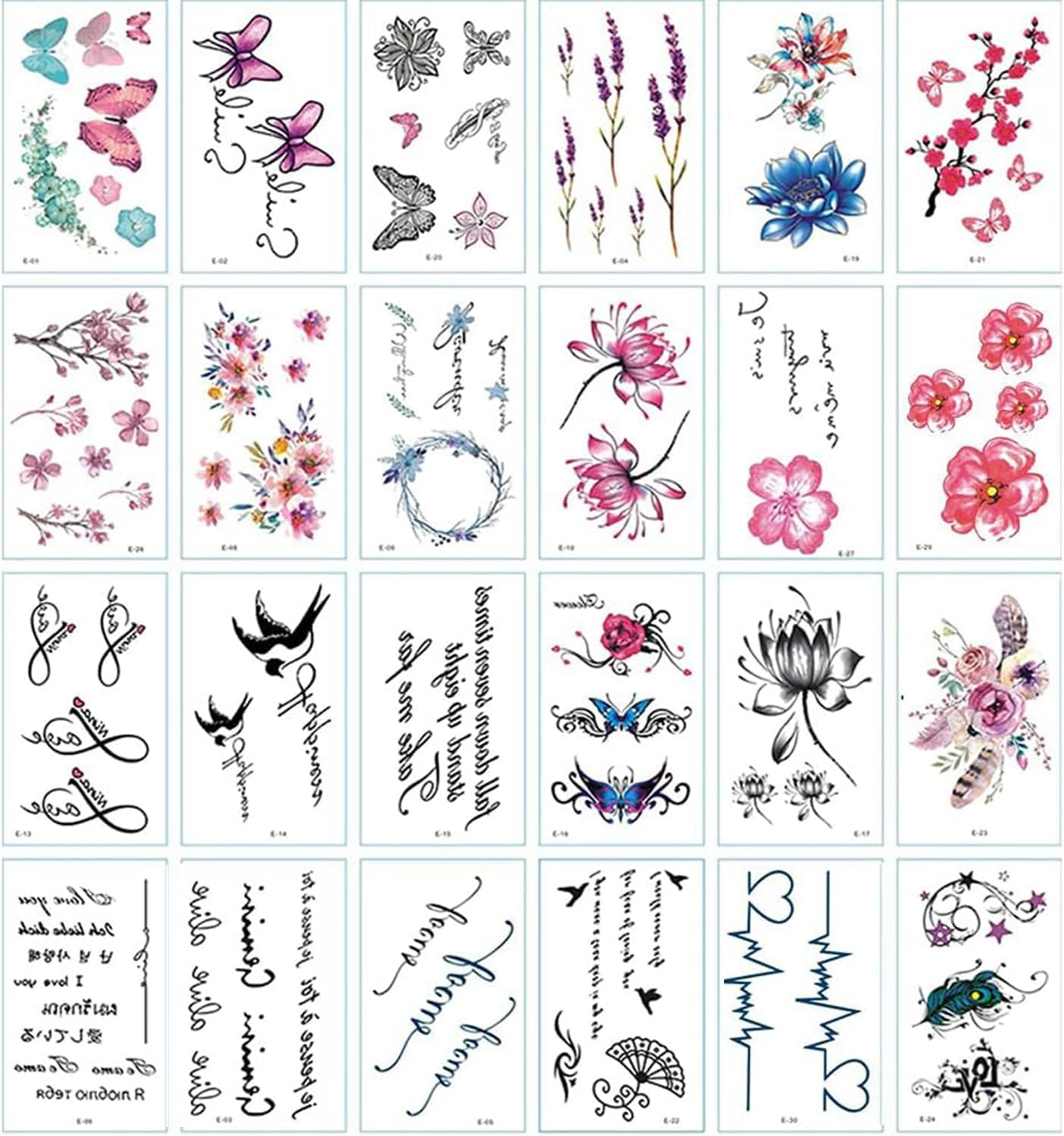 30 Sheets Cute Temporary Tattoos by Yesallwas,Fake Tattoos Stickers for Kids Girls Teens Body Tattoos(E)