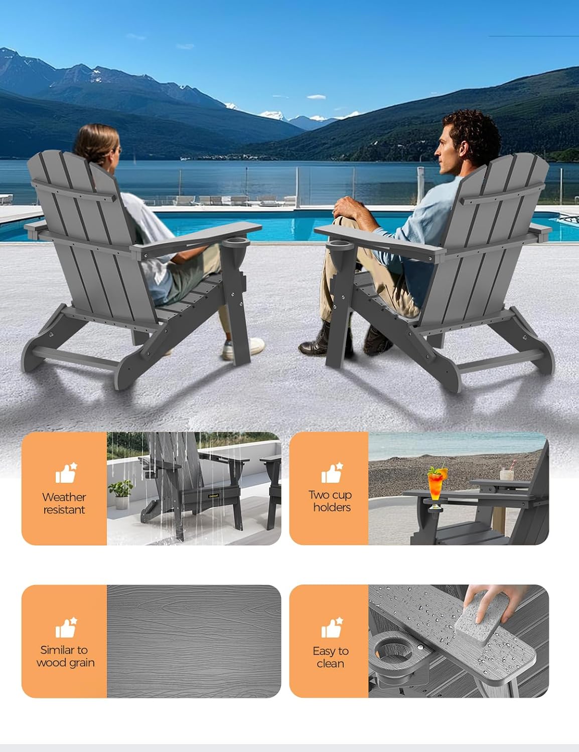 Folding Adirondack Chair, Wooden Textured Plastic Adirondack Chairs with 2 Cup Holder, Weather Resistant HDPE Fire Pit Chair, Outdoor Patio Chairs for Garden, Backyard, Lawn, Deck, 380LBS, Grey