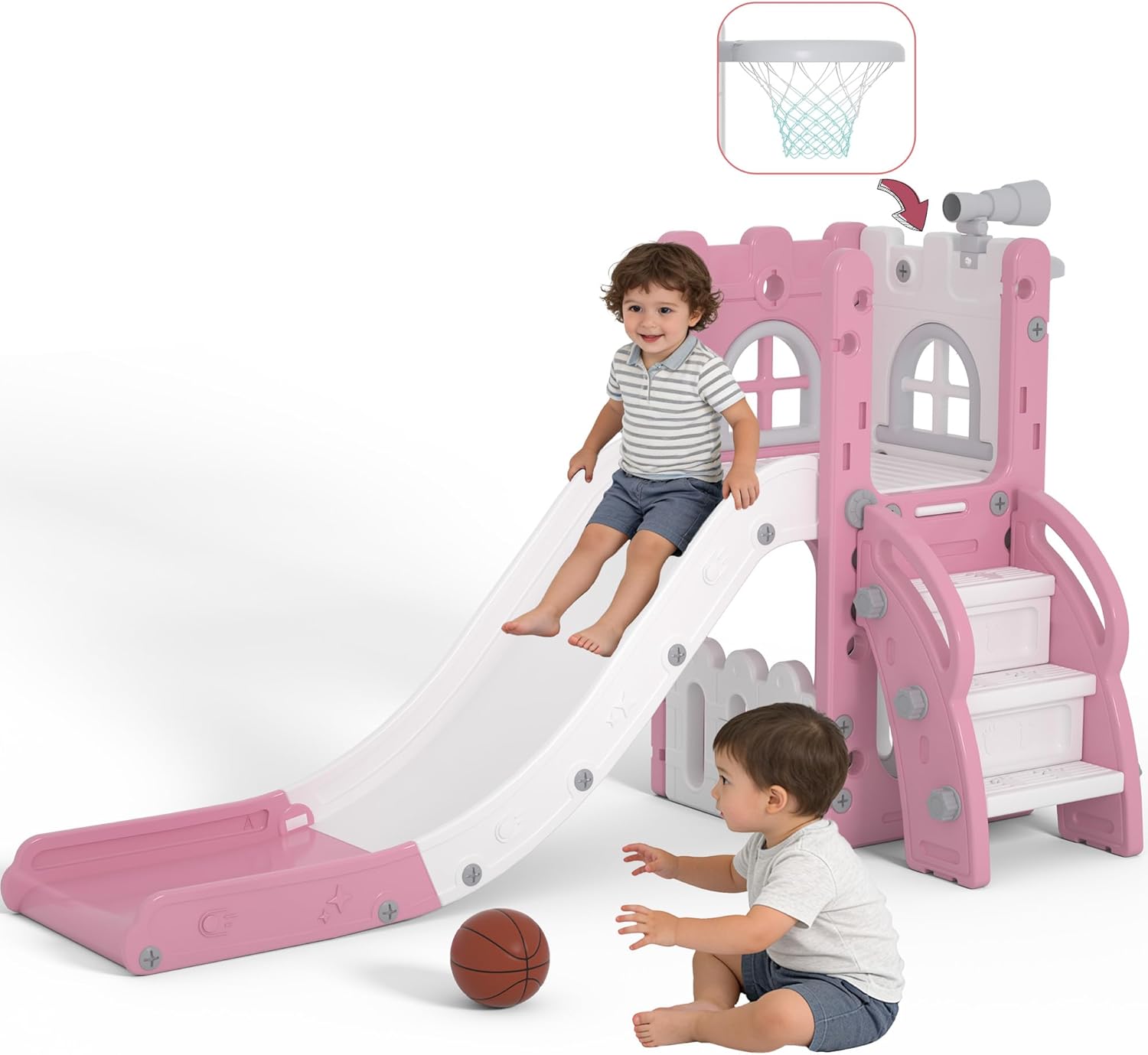 6 in 1 Toddler Slide Playset, Kids Indoor Outdoor Playground with Basketball Hoop,Storage and Telescope,Toddler Climber Slide Activity Center