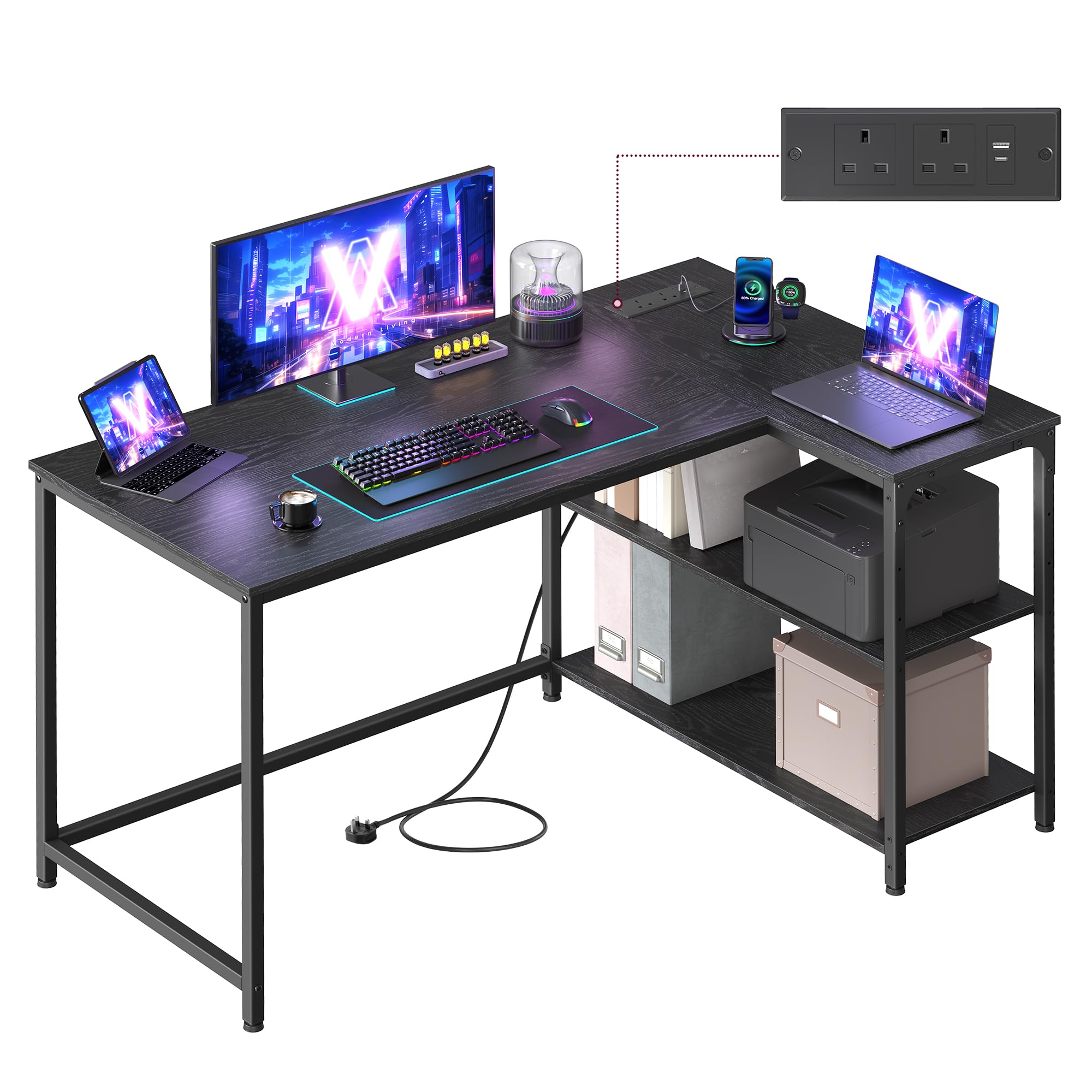 VASAGLE L Shaped Corner Desk, Computer Gaming Desk with Storage, Reversible Height-Adjustable Shelves, for Home Office, with Power Outlets 2 USB Ports, 120 x 80 cm, Ebony Black LWD132BE02