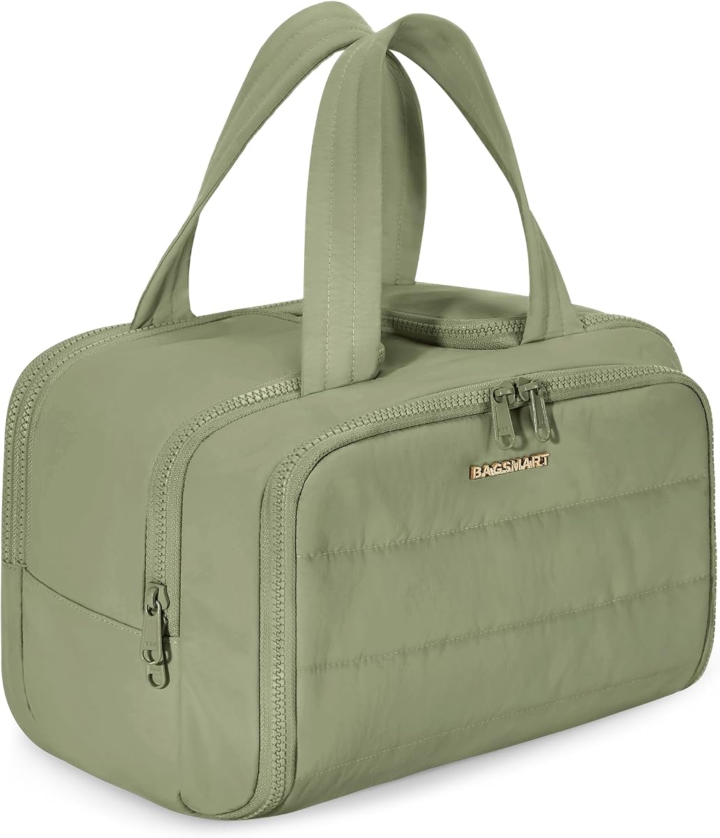 Travel Toiletry Bag, Lightweight Large Wide-open Travel Bag for Women, Puffy Cosmetic Makeup Bag Organizer with Handle for Accessories,Essentials, Toiletries, Green