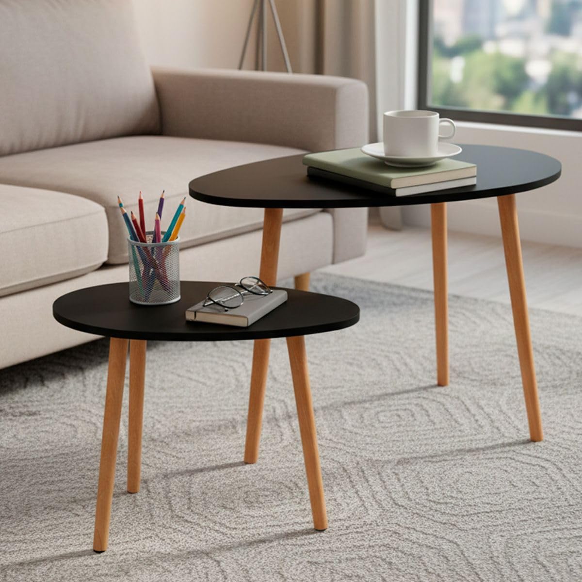 SELECTSHOP Set de 2 Mesas Minimalistas Ovaladas Mesa Auxiliar Lateral Mesita Moderna Minimalista para Sala De Estar Dormitorio Balcón Mesa de Centro Mesita De Noche Grande (Negra)