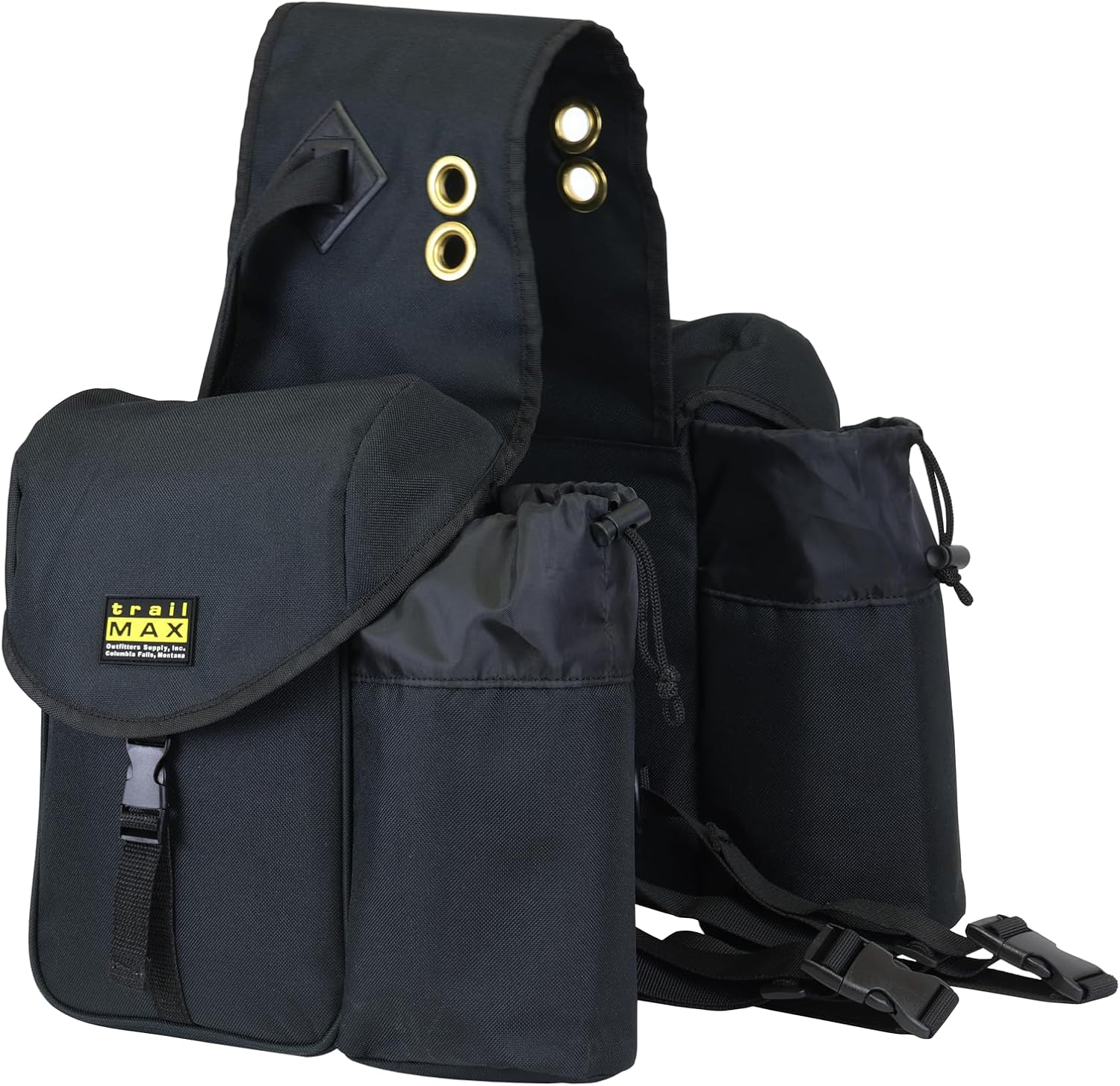 TrailMax Big Sky Saddlebags; Equine Saddle Bags with Two Water Bottle Holders; Rear Saddle Bags for Trail Riding on Horseback; Durable and Strong Nylon; Designed in Montana; Black