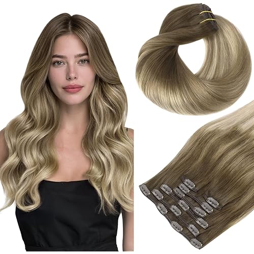 HOTBANANA Human Hair Clip in Hair Extensions, Ombre Walnut Brown to Ash Brown and Bleach Blonde 120g Clip in Hair Extensions Real Human Hair Straight Remy Hair Clip Ins 20 Inch 7pcs