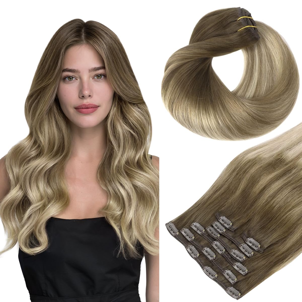 HOTBANANA Human Hair Clip in Hair Extensions, Ombre Walnut Brown to Ash Brown and Bleach Blonde 120g Clip in Hair Extensions Real Human Hair Straight Remy Hair Clip Ins 16 Inch 7pcs