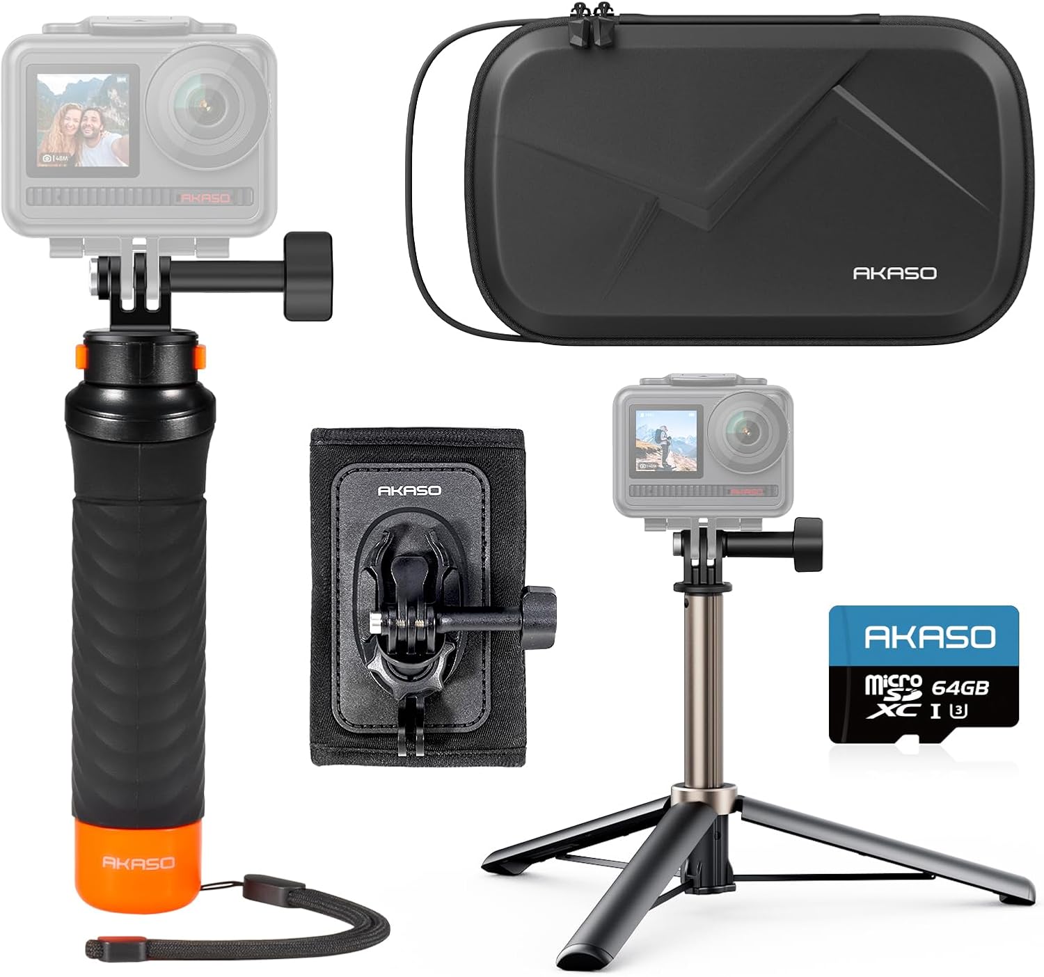 AKASO Travel Accessory Kit for Action Camera - 64GB MicroSD Card + 60cm Selfie Stick Extendable Tripod + Waterproof Floating Hand Grip + Backpack Strap Mount + Camera Carrying Case