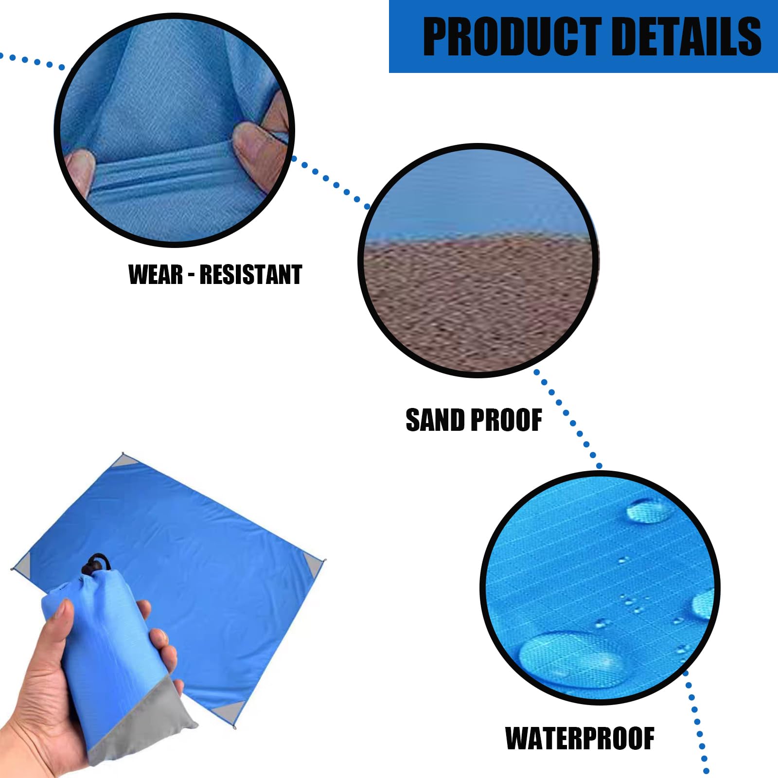 Mini coperta da picnic impermeabile 140 x 200 cm con 4 angoli di fissaggio blu