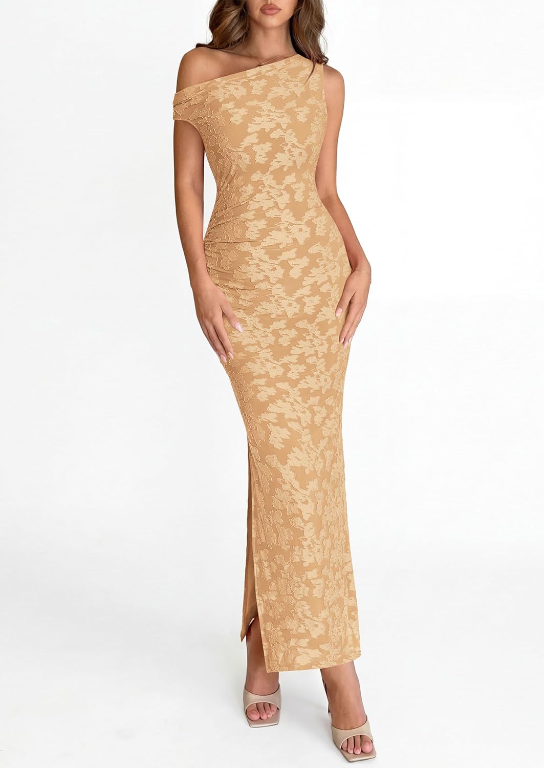 PRETTYGARDEN Womens Floral One Shoulder Maxi Dress 2026 Summer Spring Bodycon Ruched Side Slit Elegant Cocktail Party Dresses - Image 3