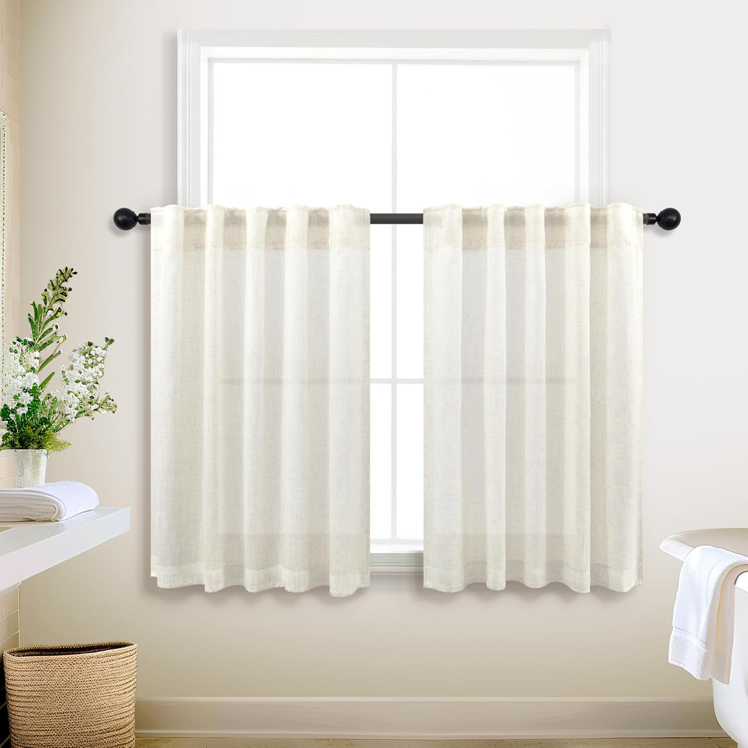 KOUFALL Natural Kitchen Curtains 42x36 Inch Length Set of 2 Pack Short Curtains for Small Bathroom
