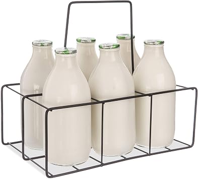 FiNeWaY Nostalgia Milk Bottle Holder Wire Tidy Crate Rack Carry Carrier Doorstep Store Drink Kitchen Storage Organiser Caddy With Integrated Handle 6 Bottle Rack