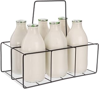 FiNeWaY Nostalgia Milk Bottle Holder Wire Tidy Crate Rack Carry Carrier Doorstep Store Drink Kitchen Storage Organiser Caddy with Integrated Handle (6 Bottle Rack)