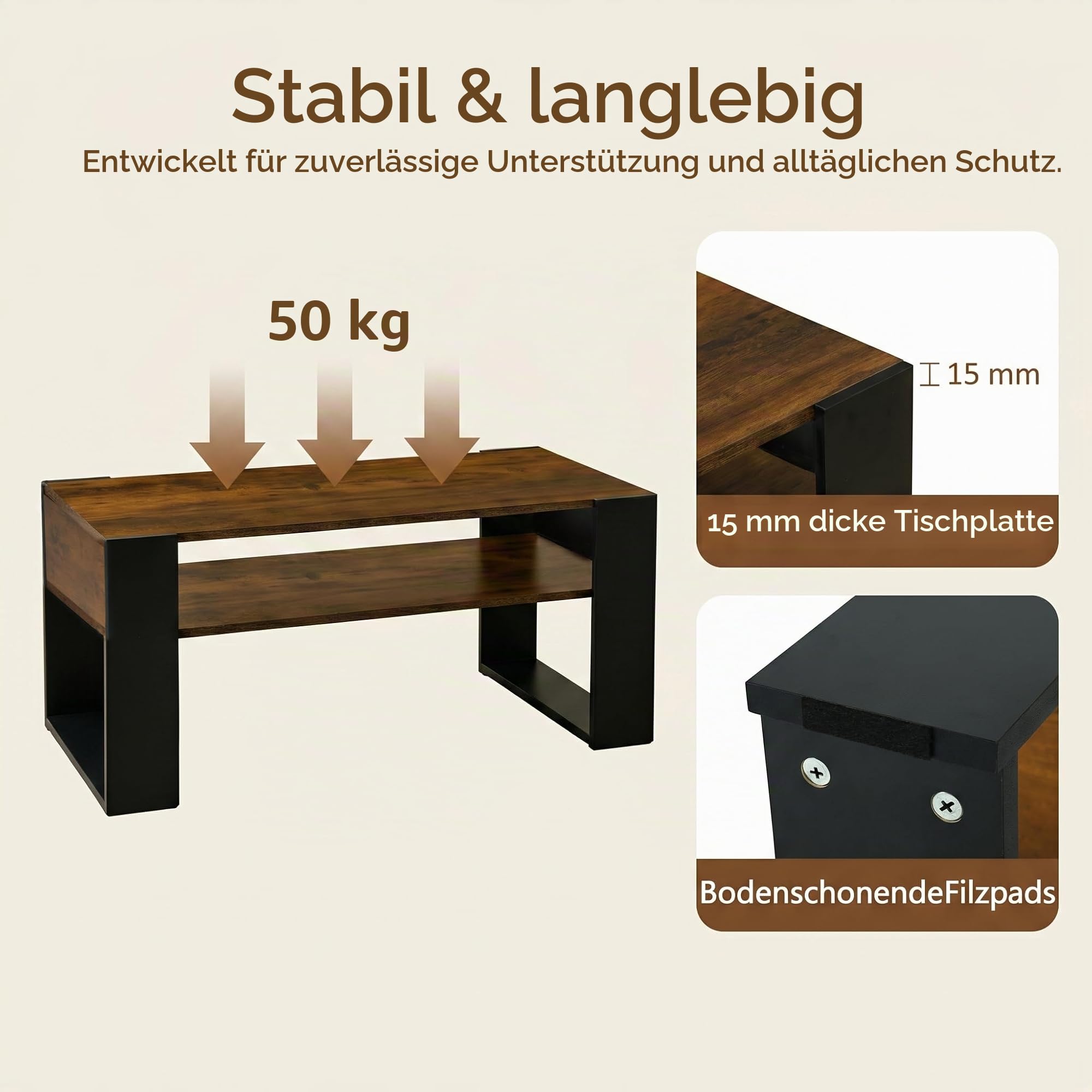 LED Couchtisch mit Stauraum, Wohnzimmertisch mit 2 Ebenen, moderner Sofatisch aus Holz, Beistelltisch fürs Wohnzimmer im Industrie-Design, 92x47x45 cm, Vintage Braun-Schwarz