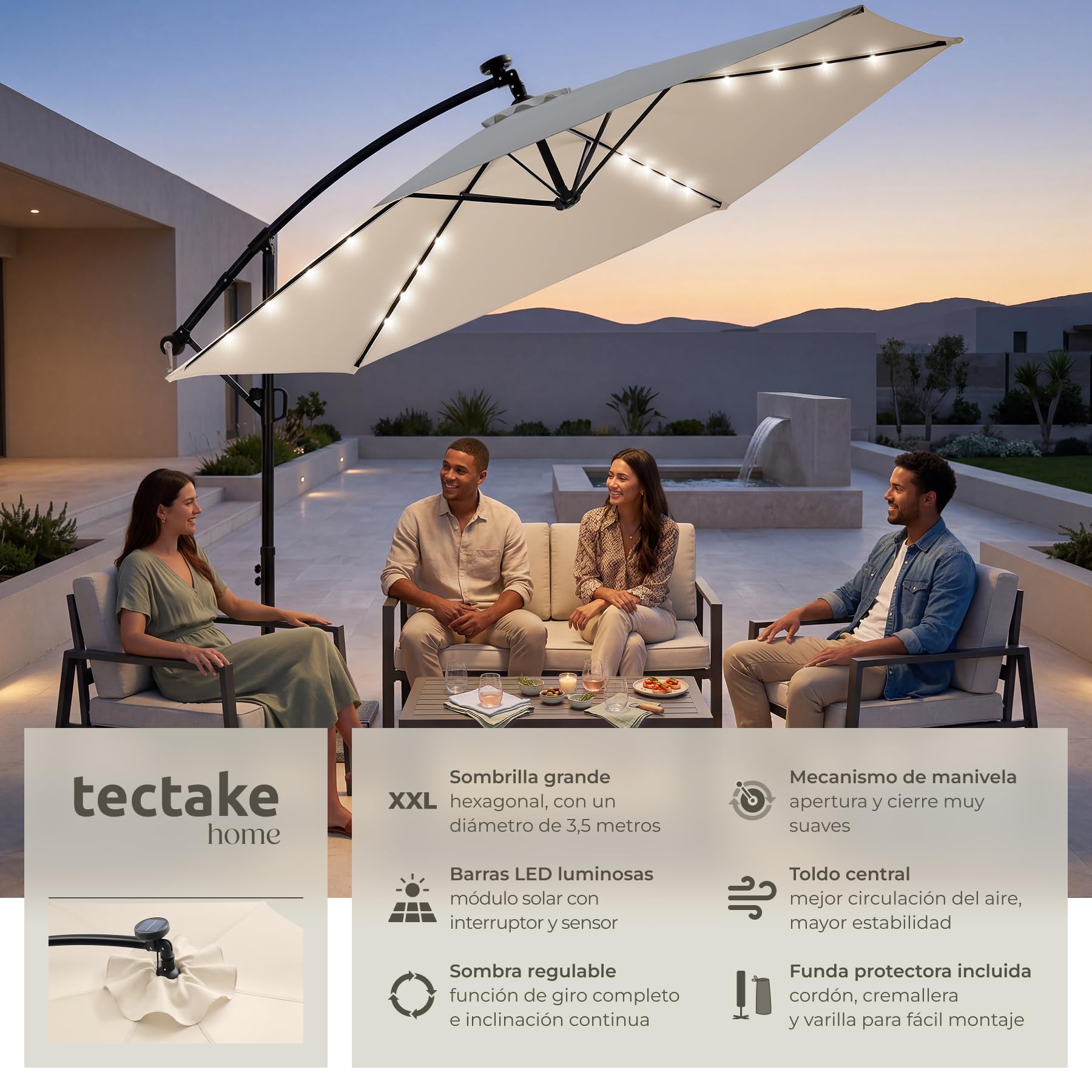 tectake® Sombrilla Terraza Exterior con Iluminacion Solar Led, Parasol Terraza Exterior y Jardin, Sombrillas Jardin Grandes Giratorio 360°, Doble Techo, Manivela, Inclinable - 3,5 x 3,5 m