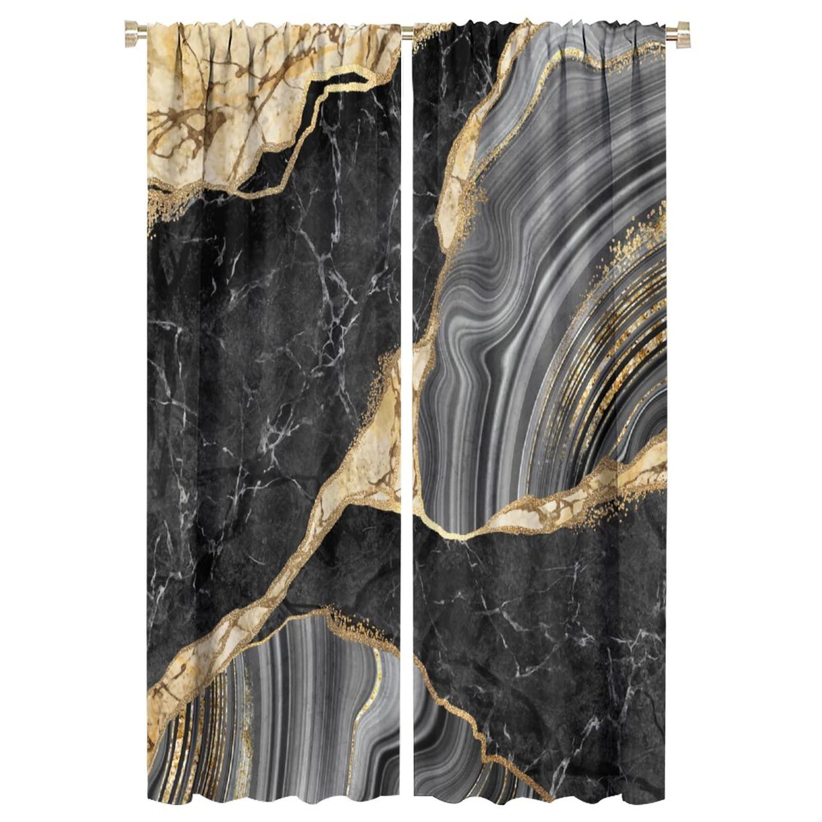 HZOHNAGO Black Gold Marble Curtain Modern Abstract Art Blackout Print Rod Pocket Window Drapes for Bedroom Living Room 42x63in