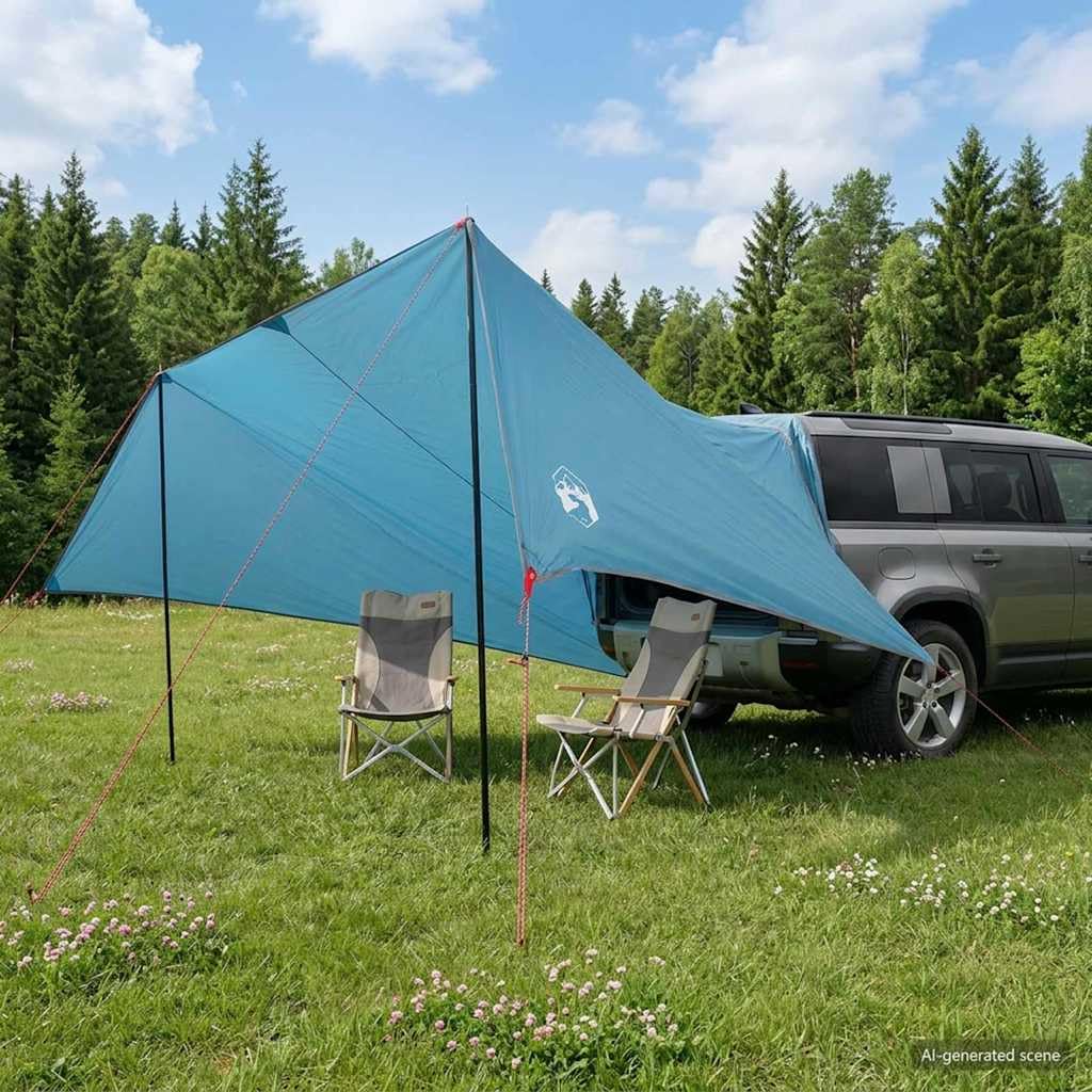 Markiza samochodowa, niebieska, na kemping i podróż, konstrukcja ze stali poliestrowej, 518 x 580 x 215 cm, wodoodporna, ochrona przed promieniowaniem UV, lekka, z torbą do przenoszenia