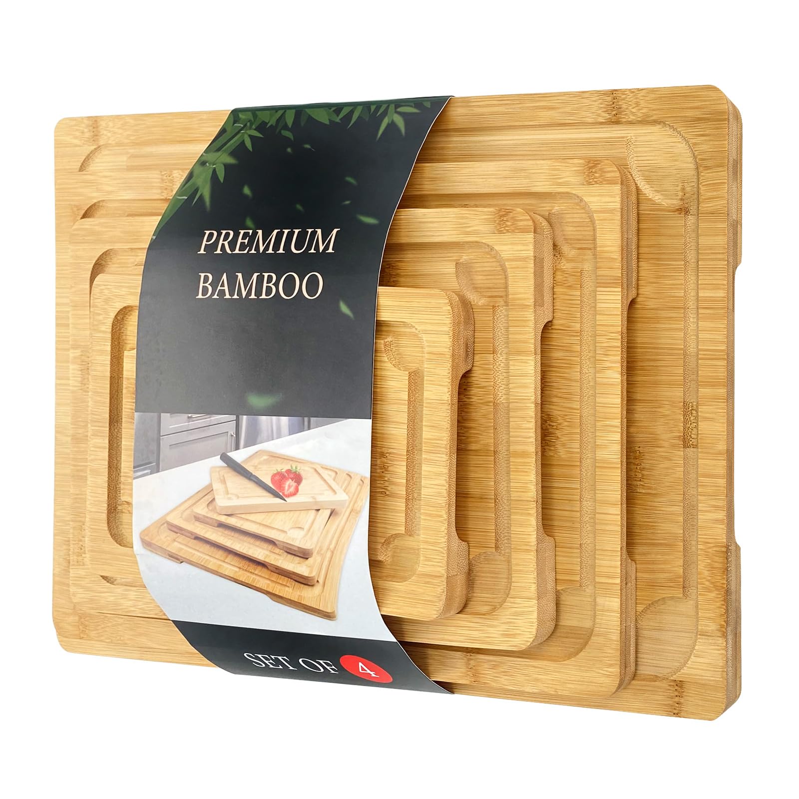 4 Piece Extra Large Bamboo Cutting Board Set For Kitch, Heave Duty Wood Cutting Board With Juice Groove Pre Oiled Chopping Board Set For Meat Vegetable Fruits