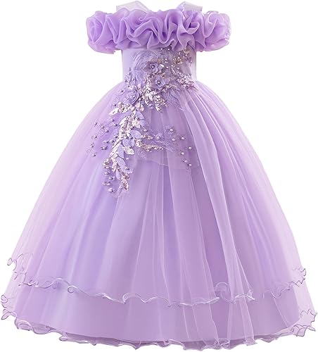 IBTOM CASTLE Flower Girl Sleeveless Sequin Floral Applique Tulle Tulle Long Dress Kids Wedding Formal Pageant Ball Gown