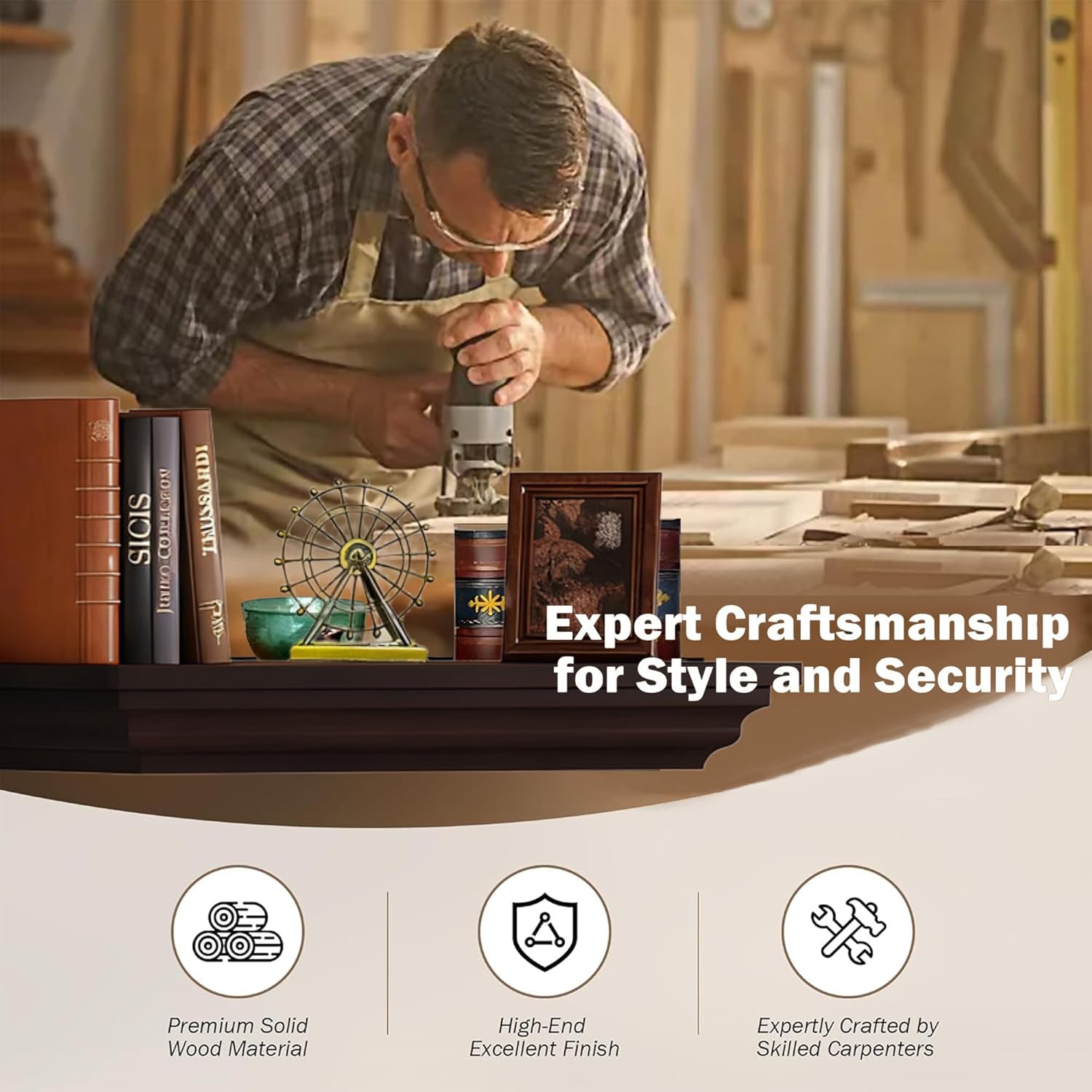 LED Compact Gun Shelf with Hidden Storage, Floating Wall Mount Gun Rack with Automatic Induction Windmill Lock and,Concealed Furniture for Secure Storage (Dark Brown)