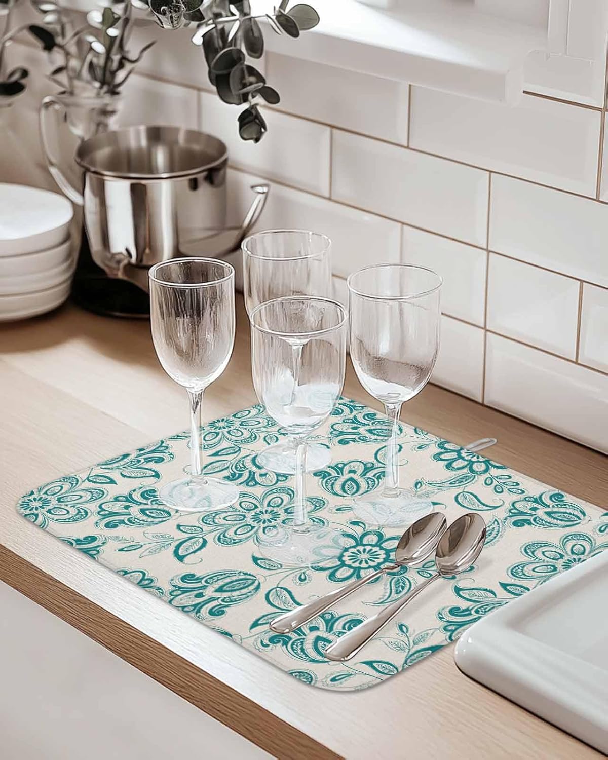 Vintage Paisley Flowers Pattern Dish Drying Mats for Kitchen Counter,Absorbent Microfiber Dish Drainer Rack Mat Abstract Floral on Linen Drying Pad for Sinks,Utensils,Countertops,18x24in