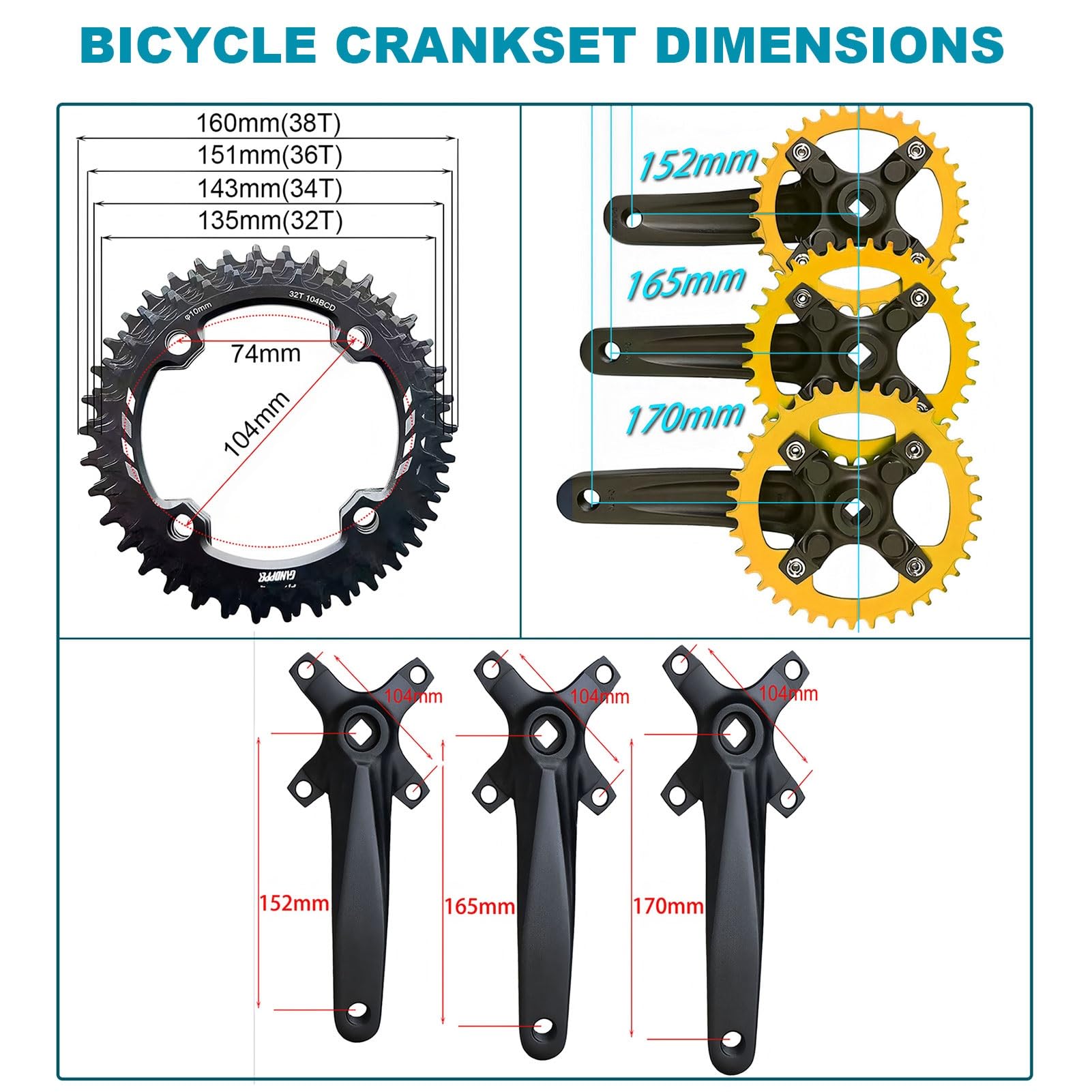 Koło łańcuchowe MTB 152/165/170 mm, stop aluminium 32/34/36/38, rozstaw osi 104 mm, pasuje do rowerów jednobiegowych i 7/8/9/10/11 biegów.