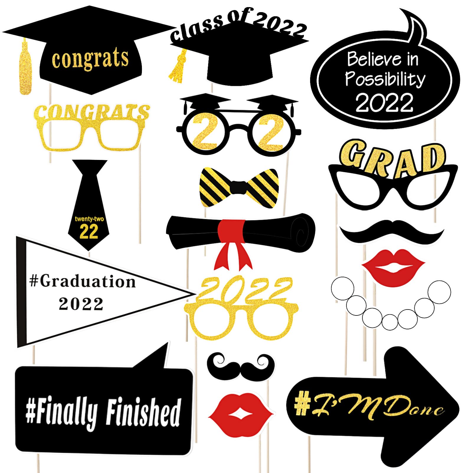 Amosfun 18PCS 2022 Graduation Photo Booth Props NO DIY Required Photo Props Accessories for Graduation Party Supplies 2022, Class of 2022, Congrats Grad Decorations
