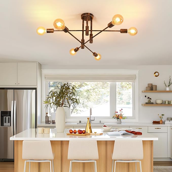 Comely Comely Industriële Plafondlamp, E27 Vintage Plafond Kroonluchter met 180° Verstelbare Hoek, Sputnik Metalen Plafondlamp 6 Lampen voor Woonkamer Slaapkamer Keuken Hal, Brons photo 2