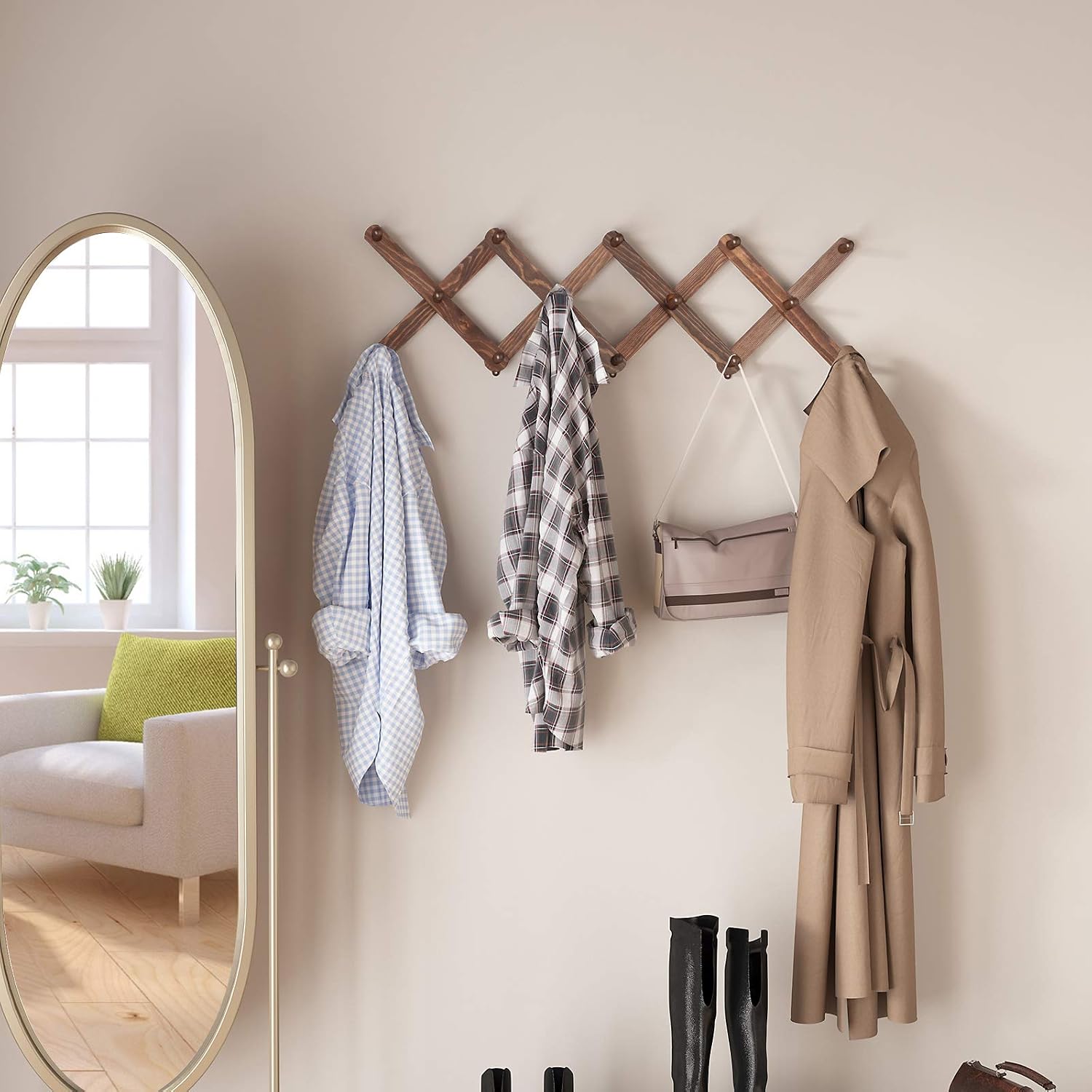 OROPY Wood Accordion Wall Hanger, Expandable Coat Rack Wall Mount with 14 Pegs, Expanding Hat Rack for Wall, X Shape, 27"×10", Walnut Color